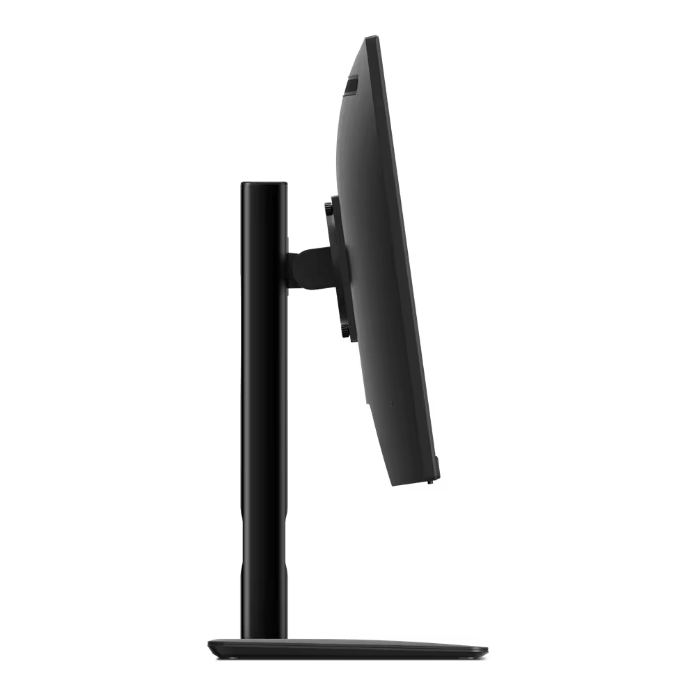 Monitor negro desde un lado. Tiene un soporte y una pantalla delgada. El fondo es negro.