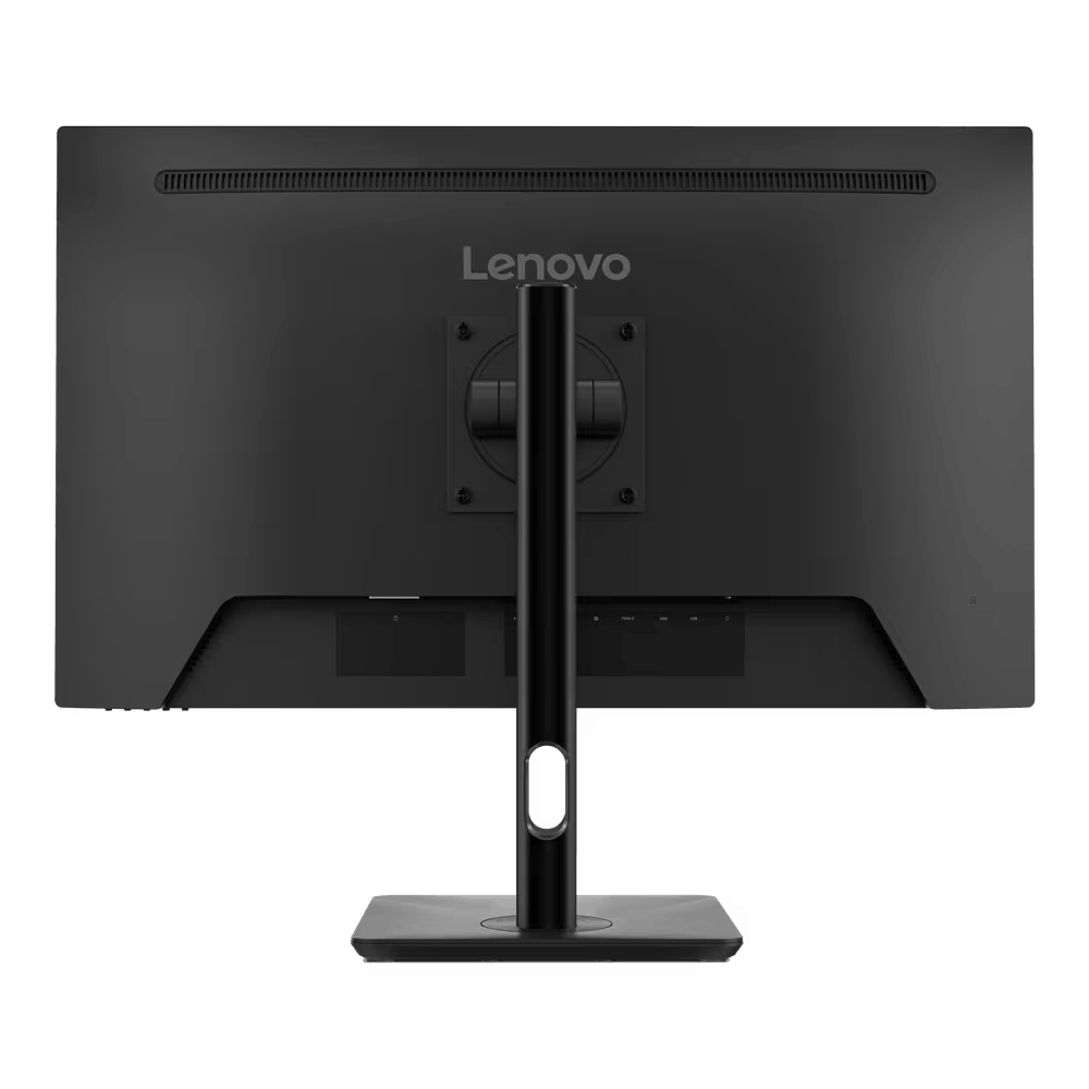 Parte trasera de un monitor Lenovo negro, con soporte, sobre un fondo negro.