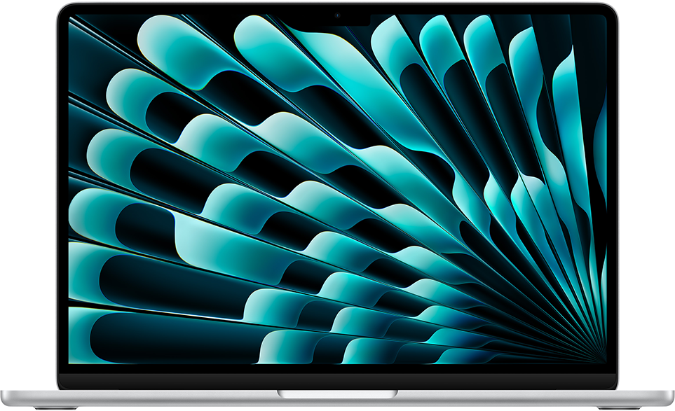 Laptop: Ezüst test, a képernyő kék absztrakt dizájnt mutat. Apple logó.