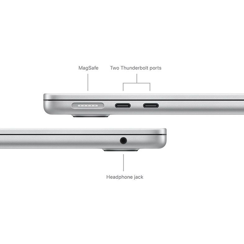 Egy ezüst laptop oldalsó nézete. A részletek közé tartozik a MagSafe, a Thunderbolt portok és a fejhallgató-csatlakozó.