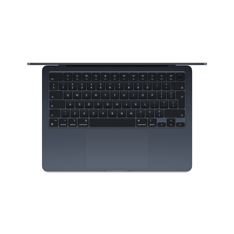 Felülnézet egy sötétkék laptopról. A képernyő nyitva van, látható a billentyűzet és a trackpad.