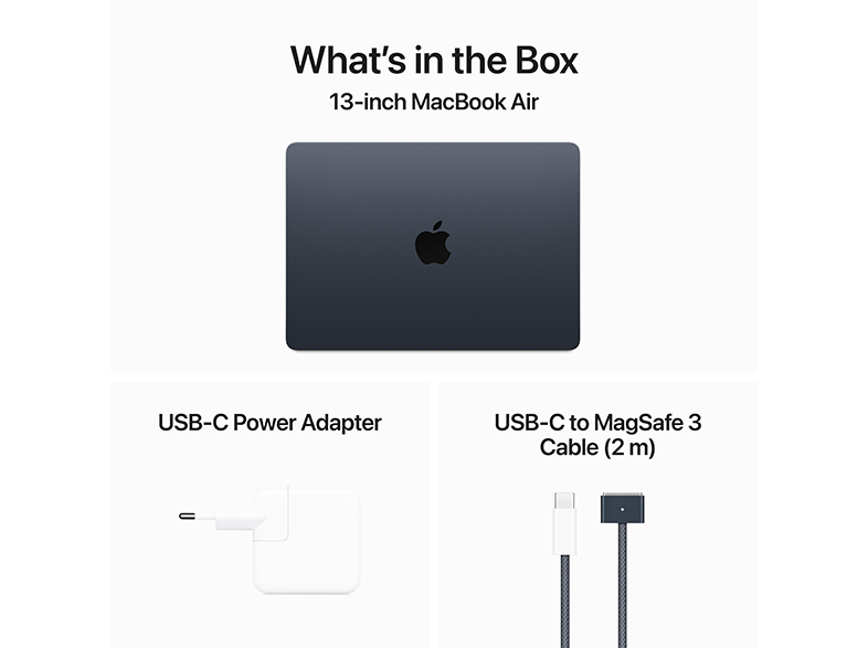 A kép egy MacBook Air doboz tartalmát mutatja: laptop, adapter és kábel.