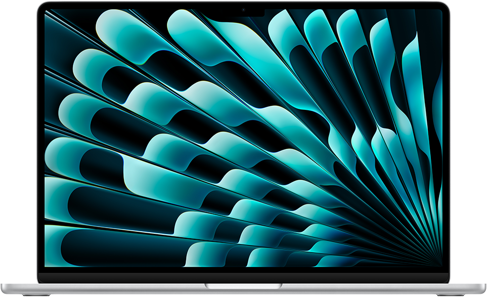 Egy ezüst MacBook laptop, melynek képernyője türkiz és fekete absztrakt mintát jelenít meg.