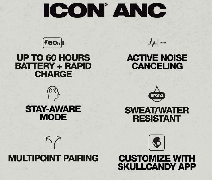 Skullcandy Icon ANC Kopfhörer-Funktionen, inkl. Akkulaufzeit, Geräuschunterdrückung und Schweißresistenz.