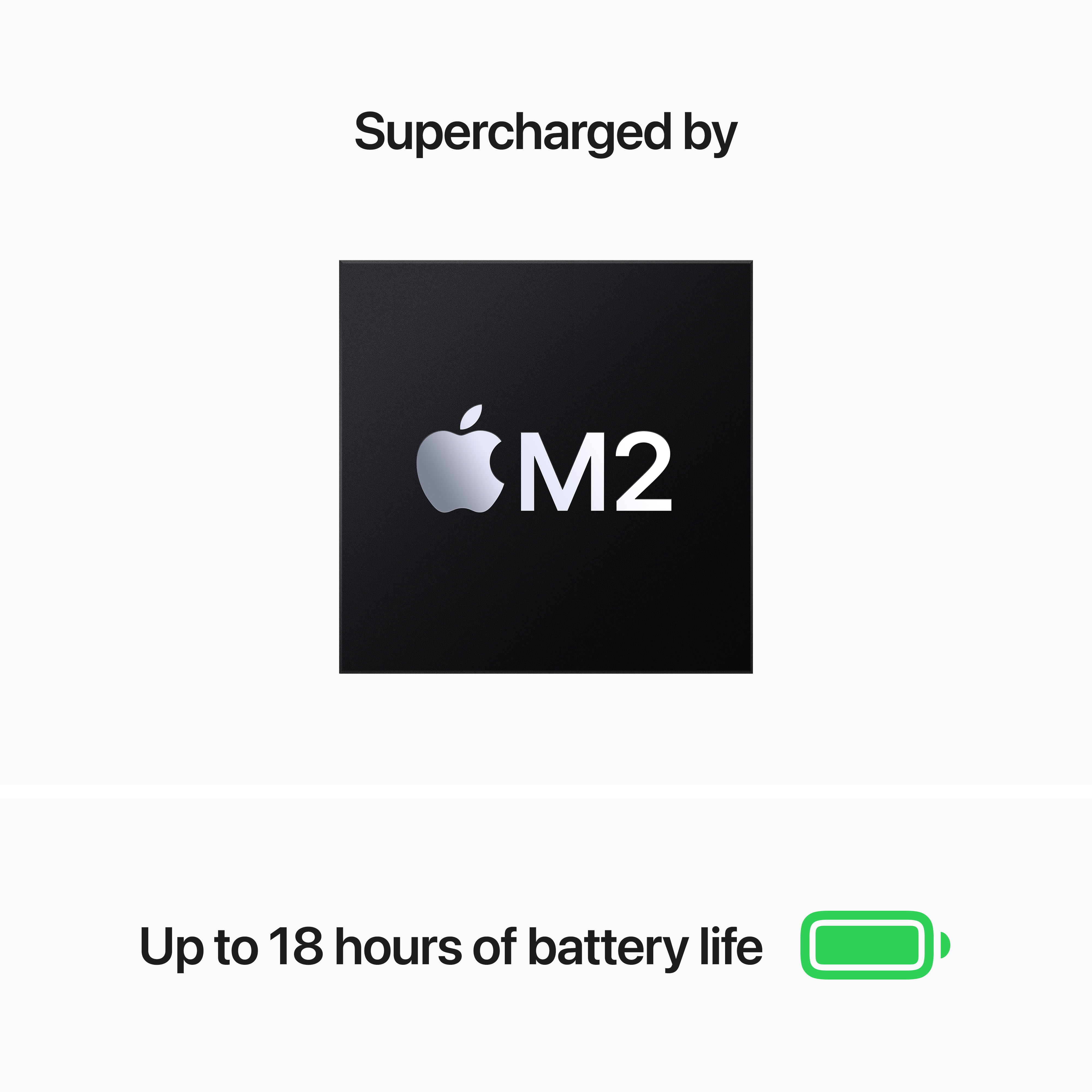 Czarny kwadrat z logo Apple i tekstem M2. Ikona baterii. Białe tło.
