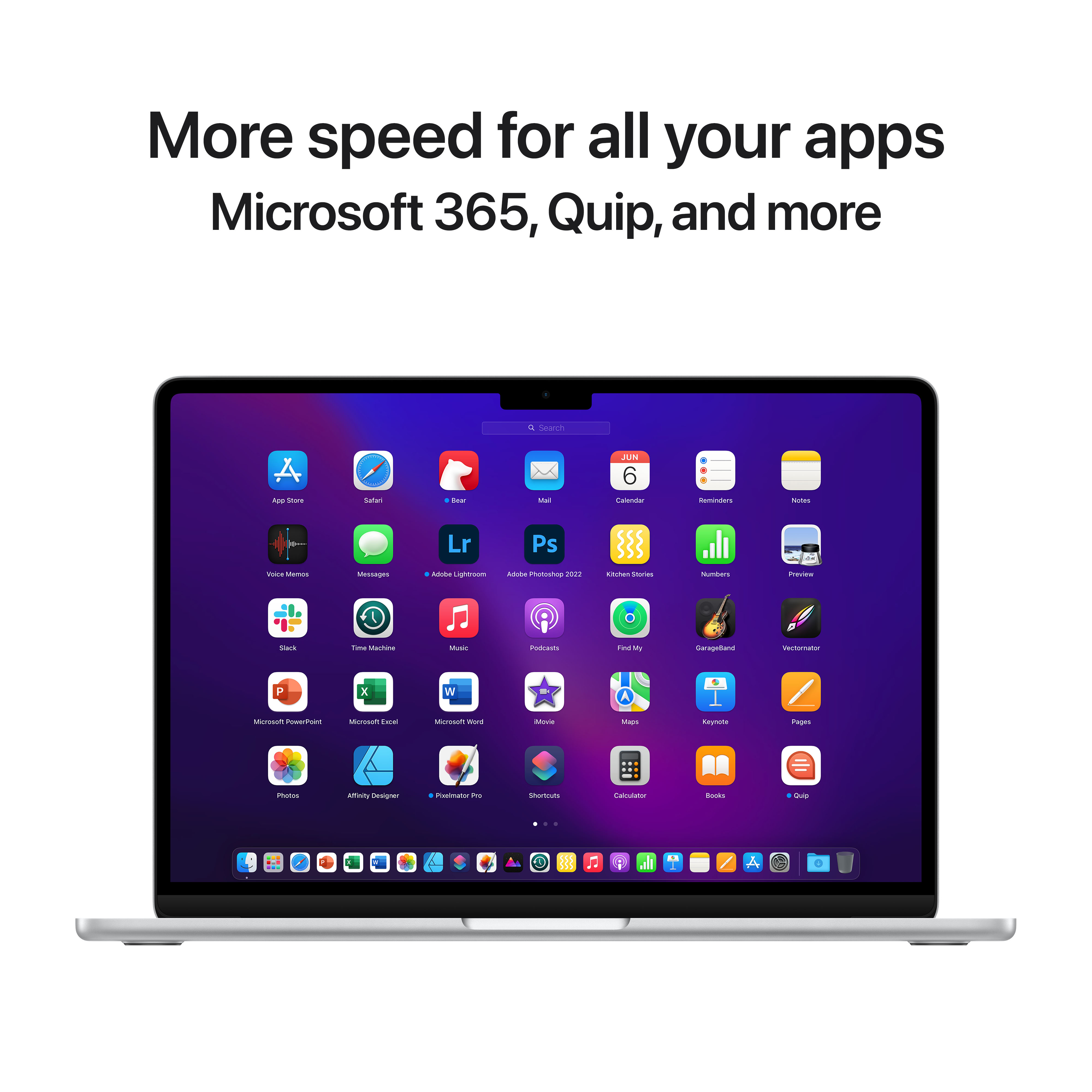 Ekran laptopa z ikonami aplikacji. Tekst: 'More speed for all your apps'.