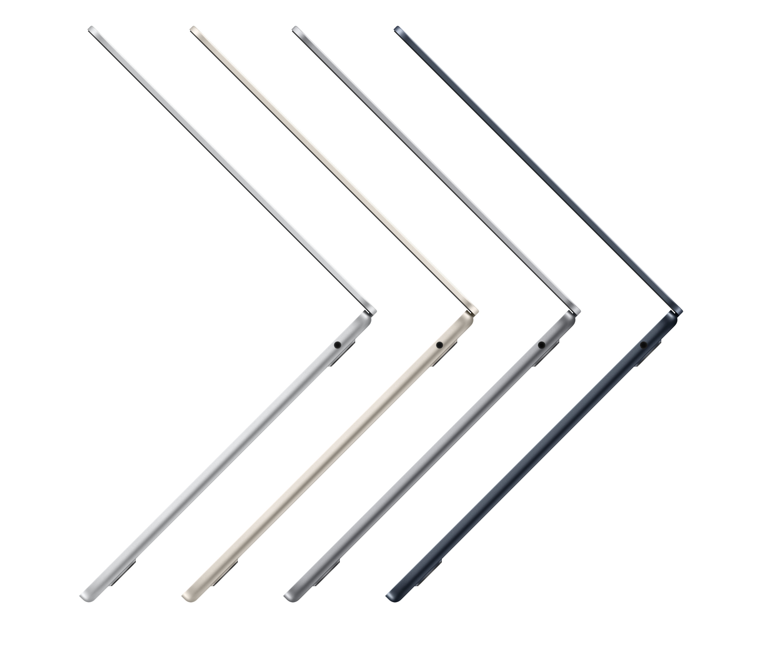 Cztery MacBooki Air w różnych kolorach, pod kątem, pokazujące profil boczny.