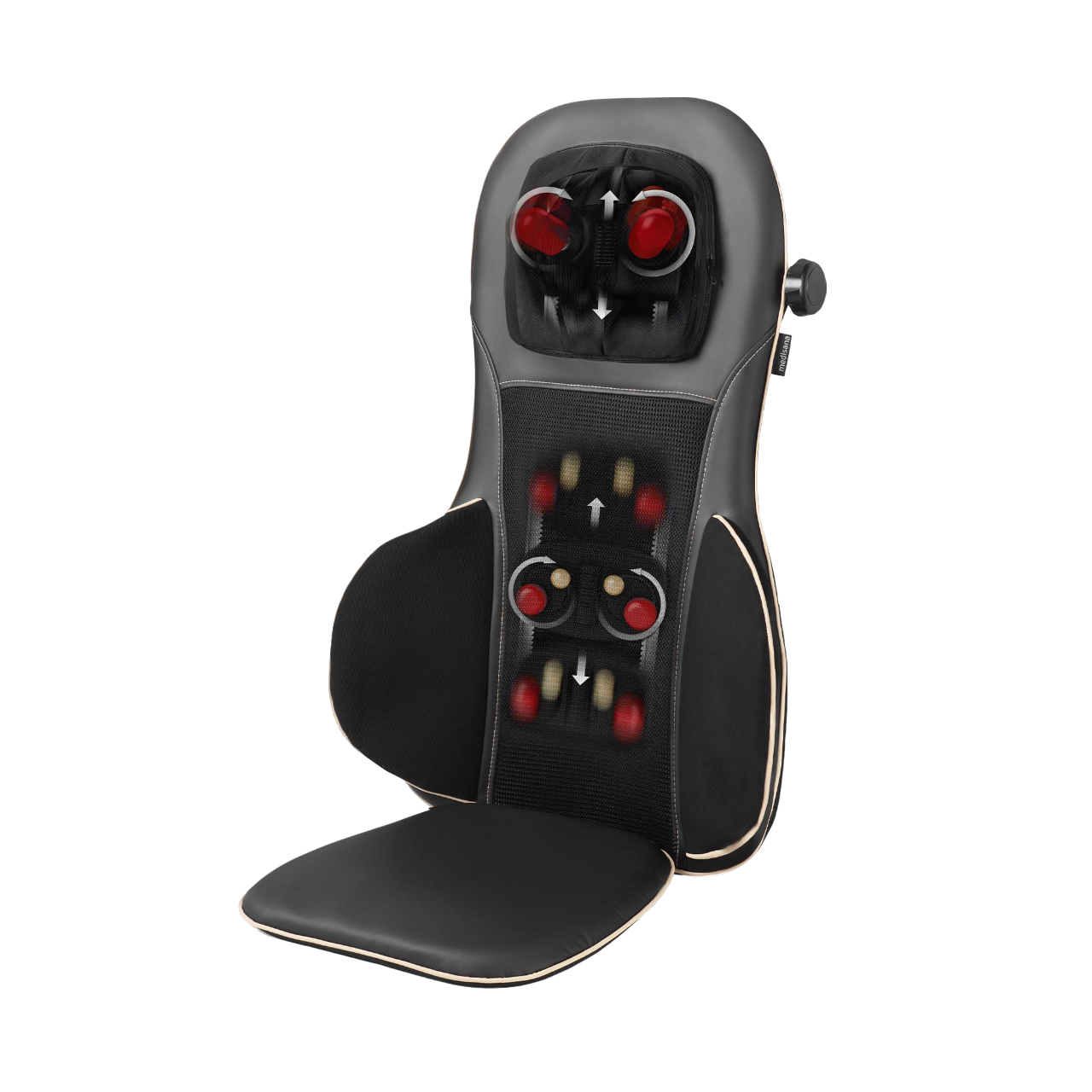 Ein schwarzes Massage-Sitzpolster mit roten Knoten, mit Pfeilen, die Massage-Richtungen anzeigen.
