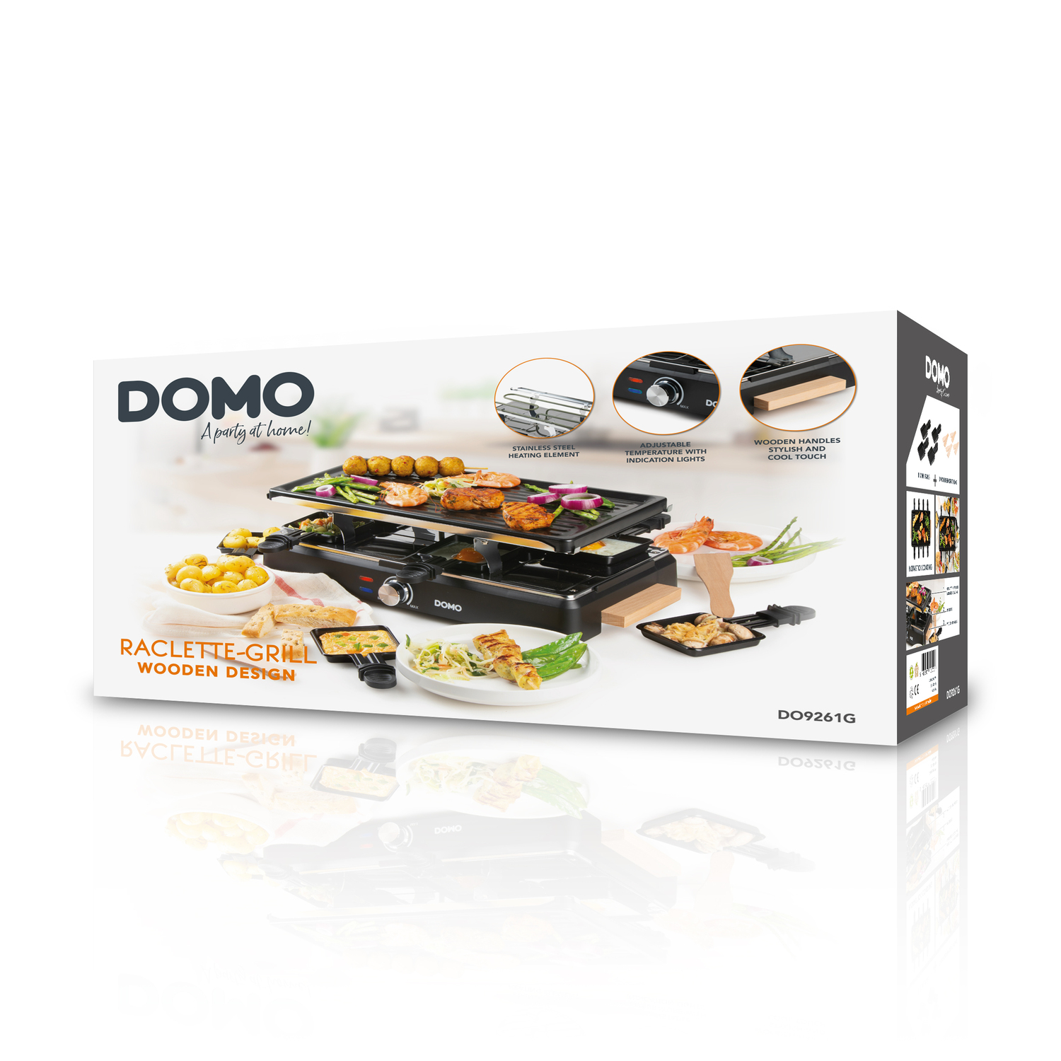 Boîte d'un grill à raclette. La boîte montre des aliments grillés et les caractéristiques du produit.