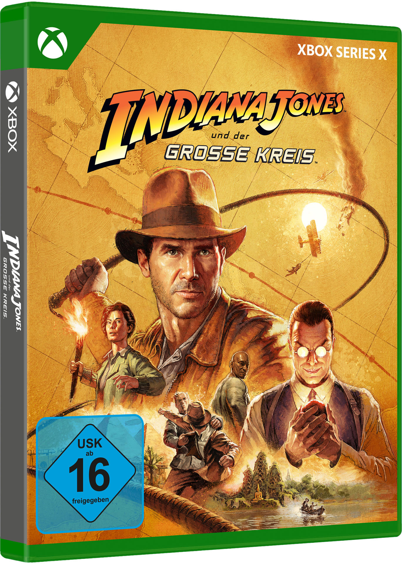 Spielbox für Indiana Jones und der Große Kreis. Es zeigt den Spieletitel, Charaktere und Logo.