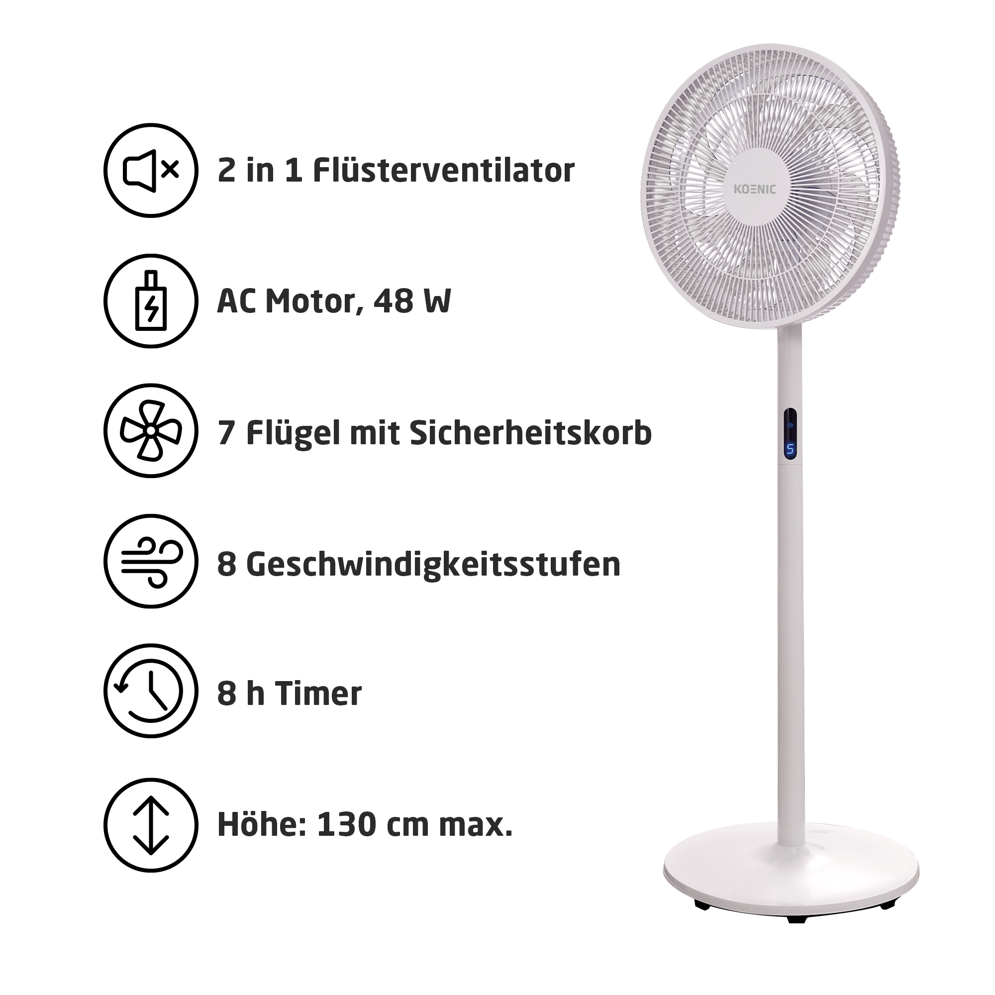 Ein weißer Standventilator mit Bedienfeld. Er hat mehrere Funktionen und eine maximale Höhe von 130 cm.