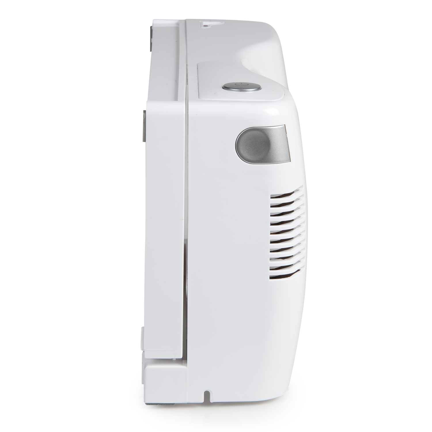 A white medical device. It has a silver button and a silver accent. The device has air vents and is on a white background.