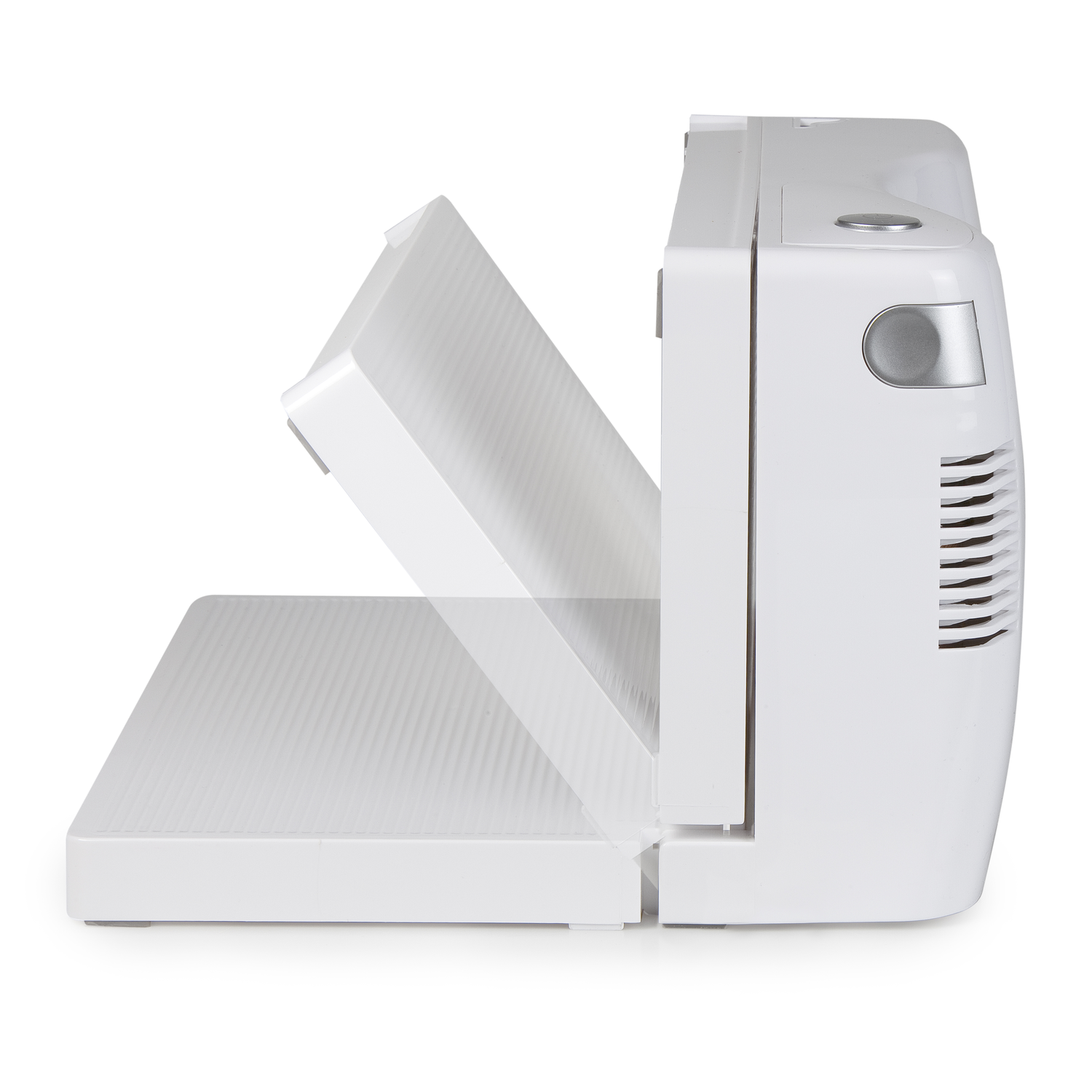 A white food slicer on a white background. The blade section is open. The slicer has a control button and vent.