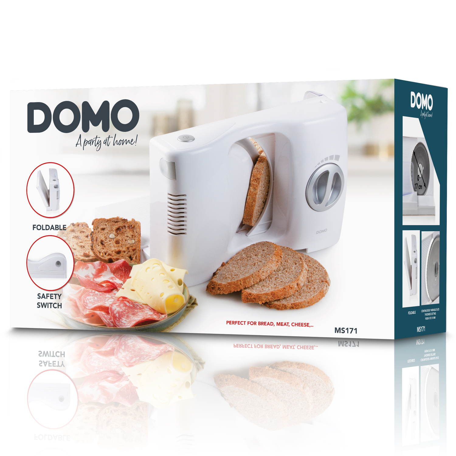 A white DOMO food slicer with bread slices, salami, and cheese. The box says 'Perfect for bread, meat, cheese...'