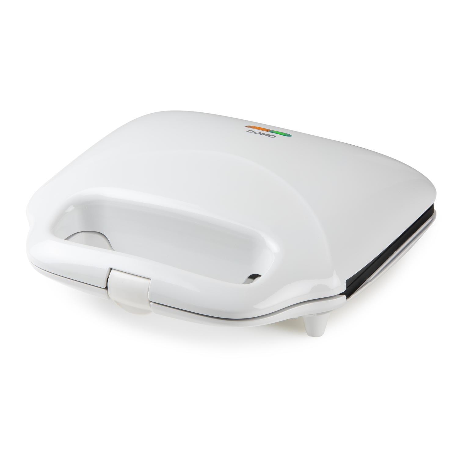 A white sandwich maker with a handle. It has a green light on the top.