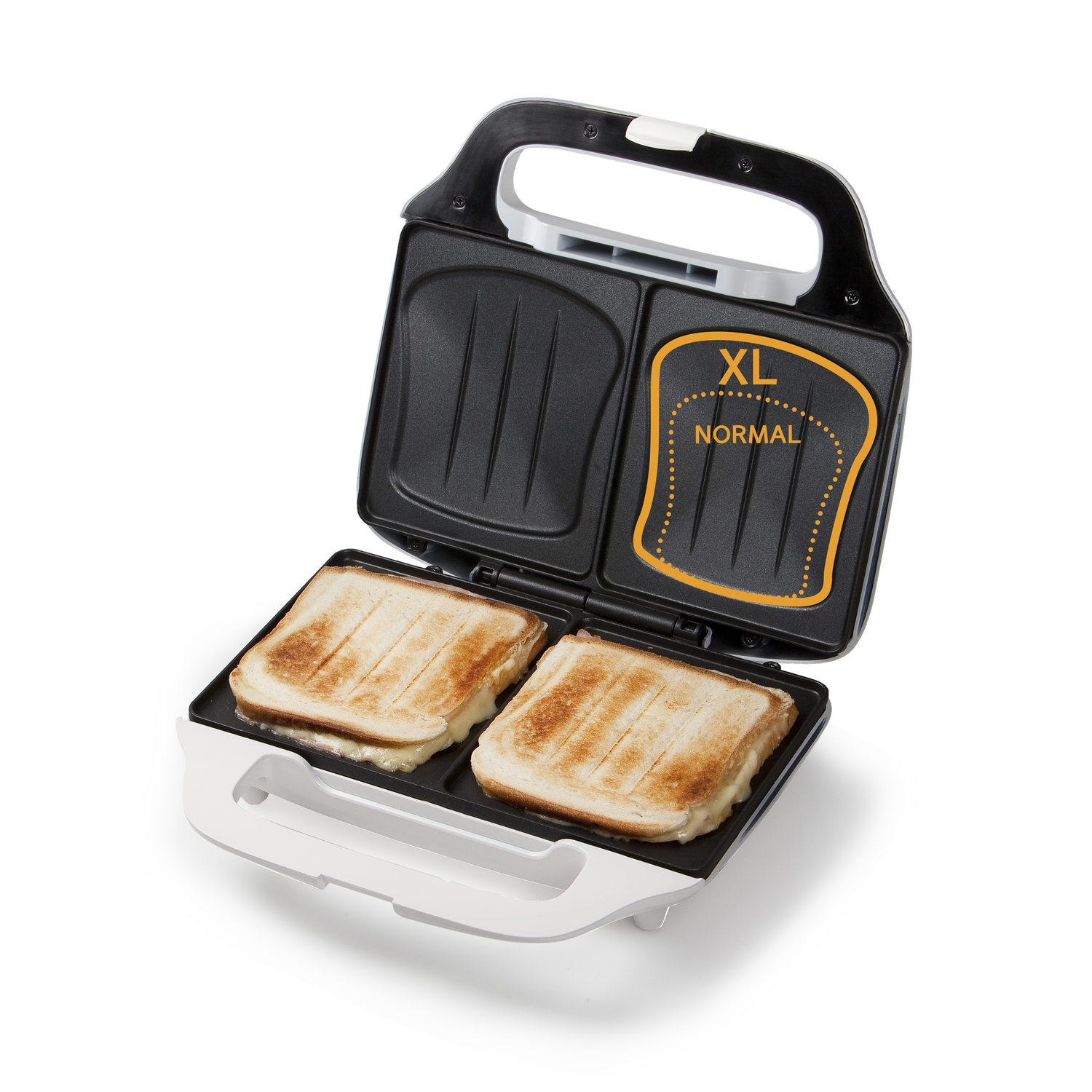 Toasted sandwiches in an open white and black sandwich maker. Black surface with XL and normal size guides.