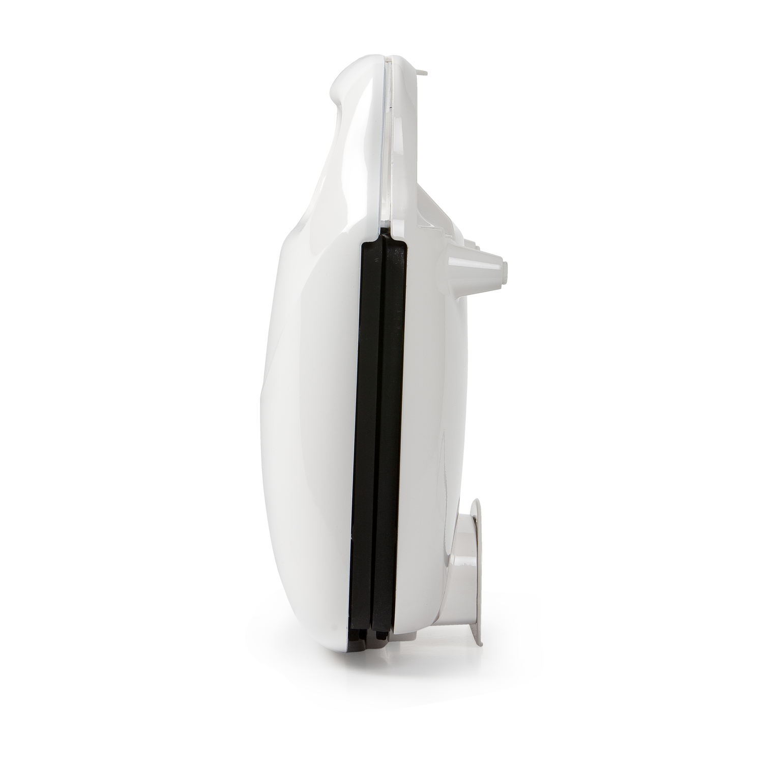 A white waffle maker, seen from the side. It is closed.