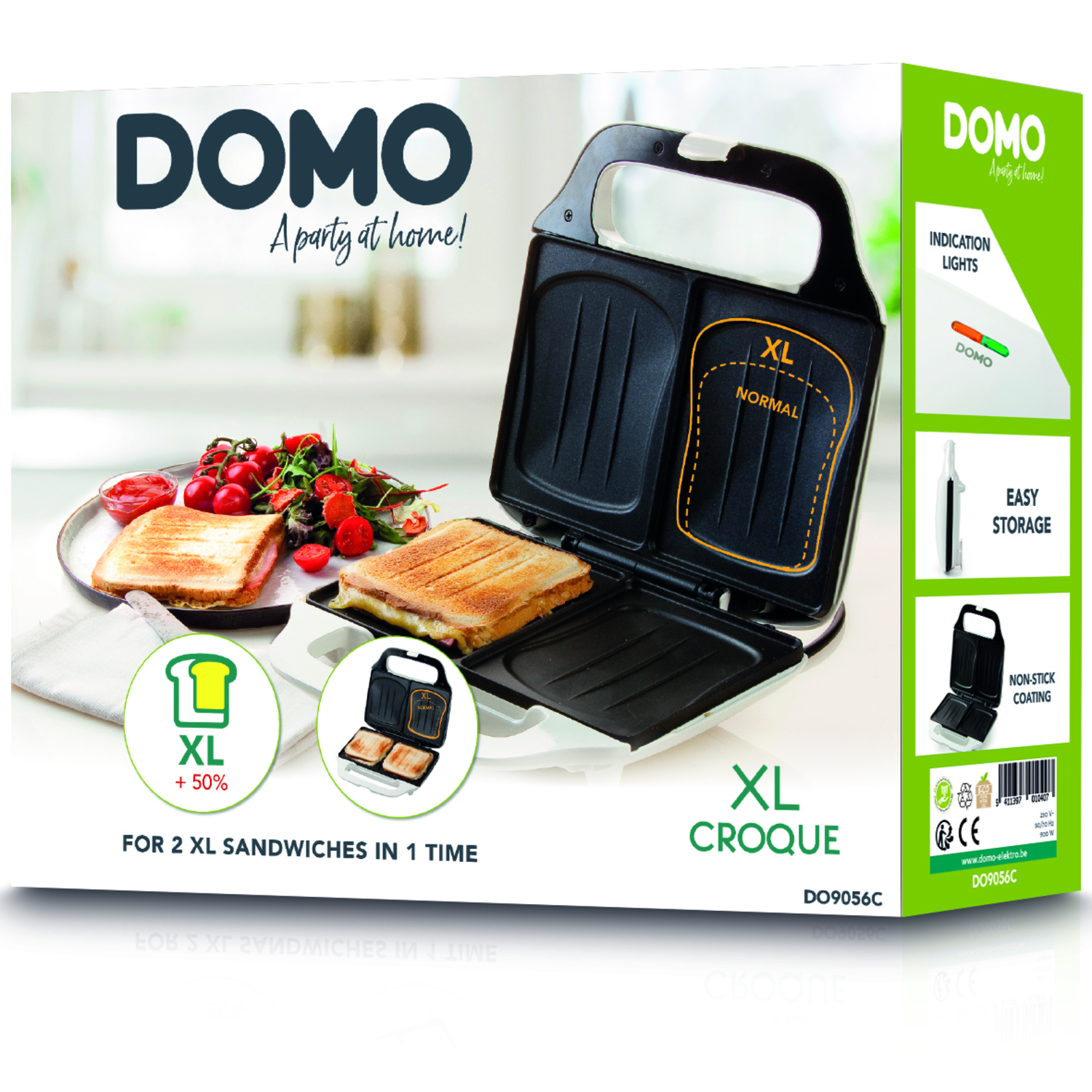 Sandwich maker box with image of sandwiches, features: XL, easy storage, and non-stick coating.