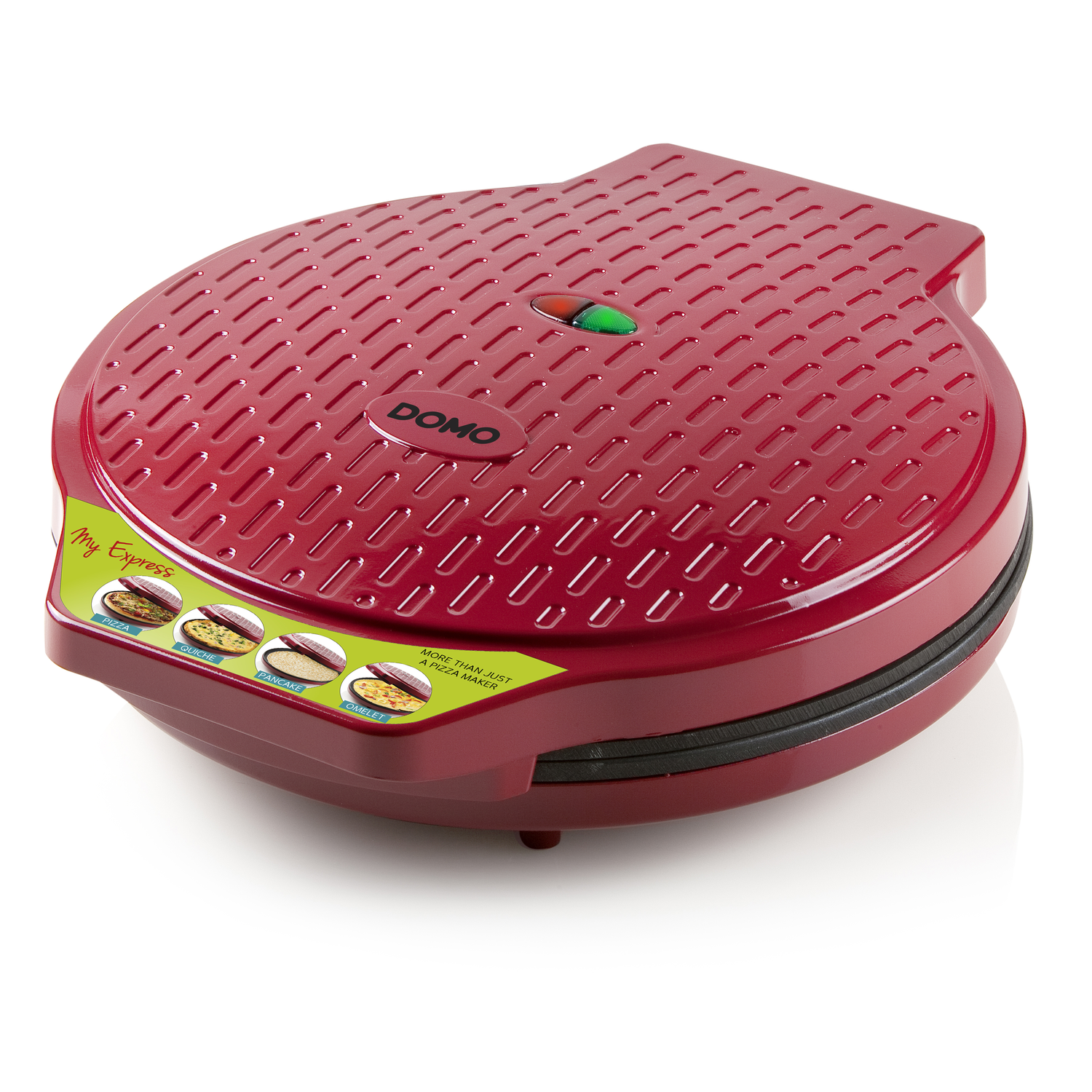 Rode pizzamaker met groen/rood licht. Het heeft het woord DOMO erop, met opties voor pizza, quiche, pannenkoek en omelet.