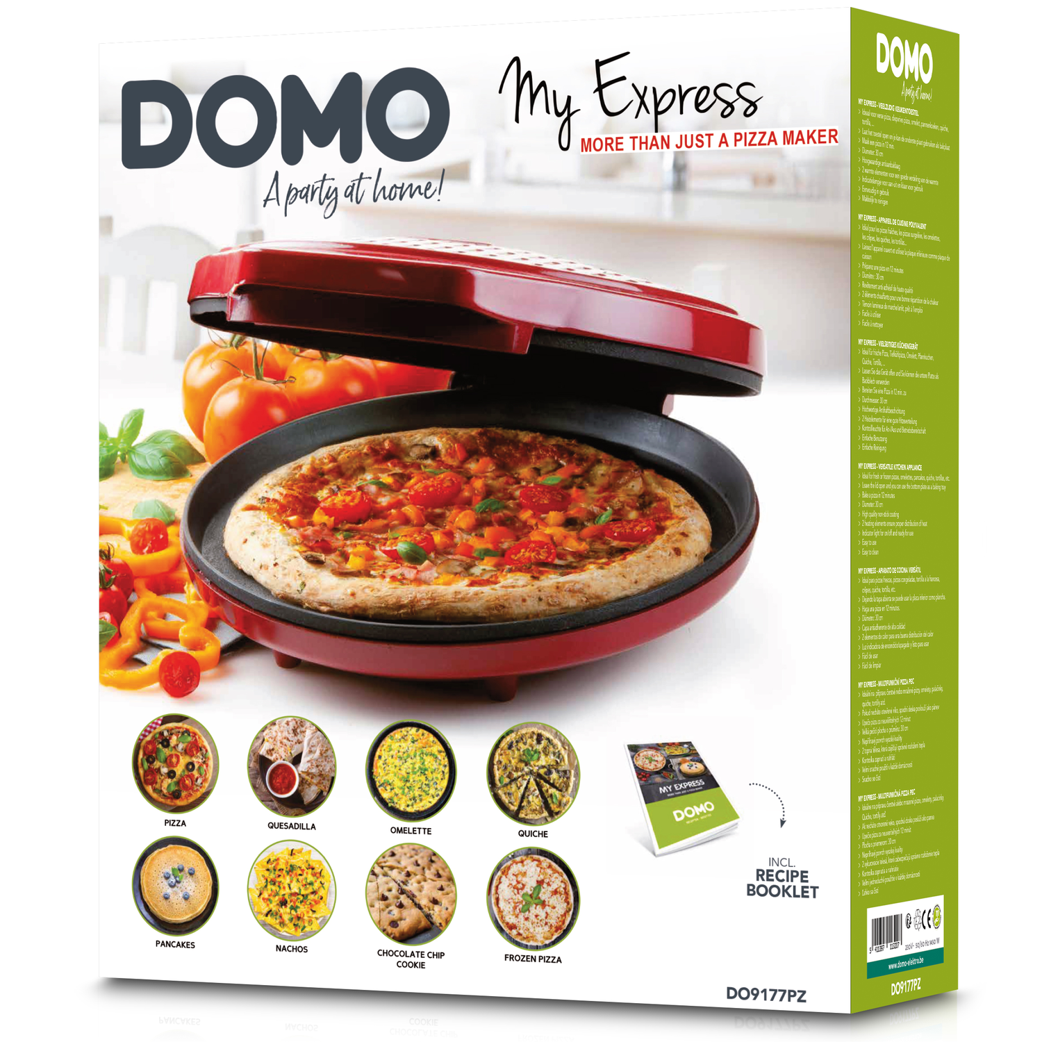 Pizzamaker met pizza erin. Groenten, receptenboek en andere etenswaren zijn eromheen gerangschikt.