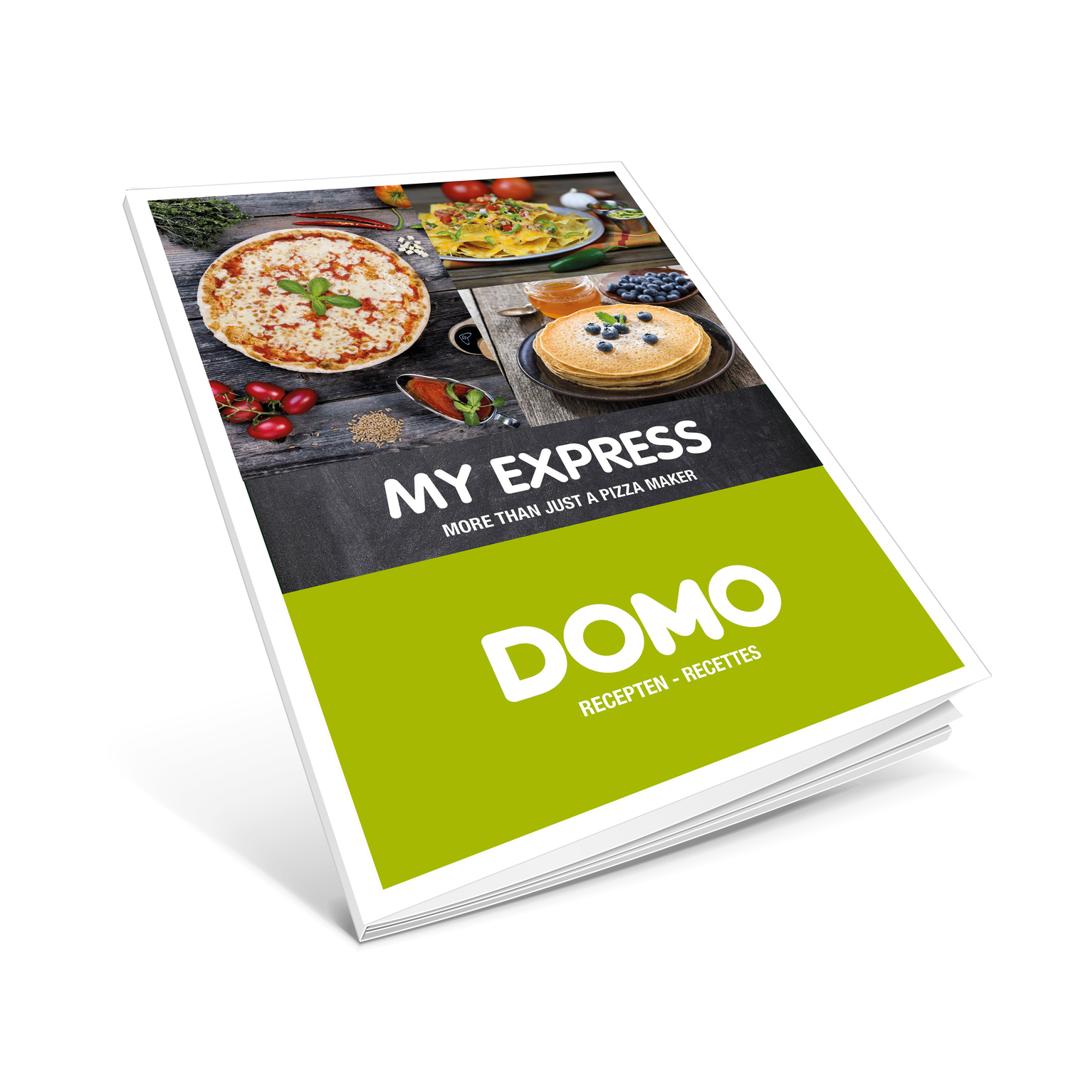Een schuinliggend kookboek met pizza, pannenkoeken en andere recepten. De voorkant zegt 'MY EXPRESS' en 'DOMO'.