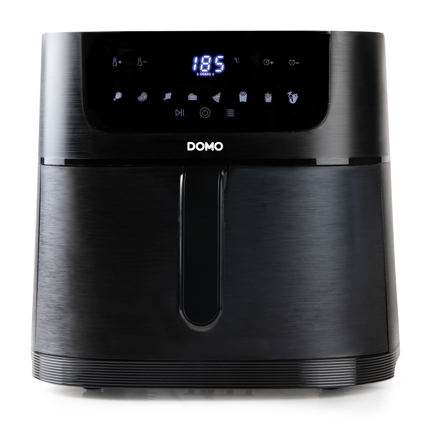 A black air fryer with a digital display showing 185 degrees. It has various cooking function icons.