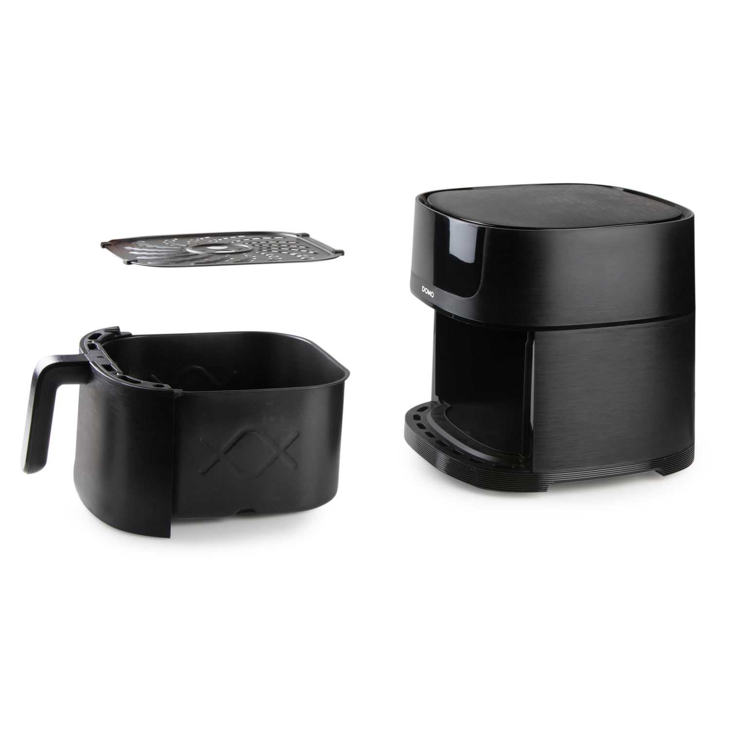 Black air fryer with removable parts. The fryer and basket are separate. A perforated plate is also shown.
