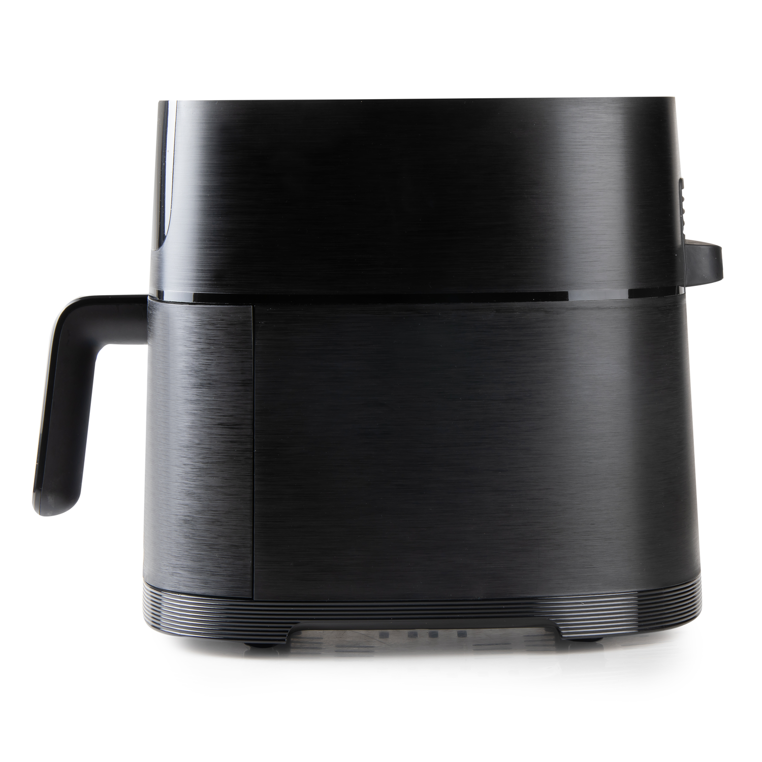 Black air fryer, side view, with a handle and a textured surface, isolated on white background.