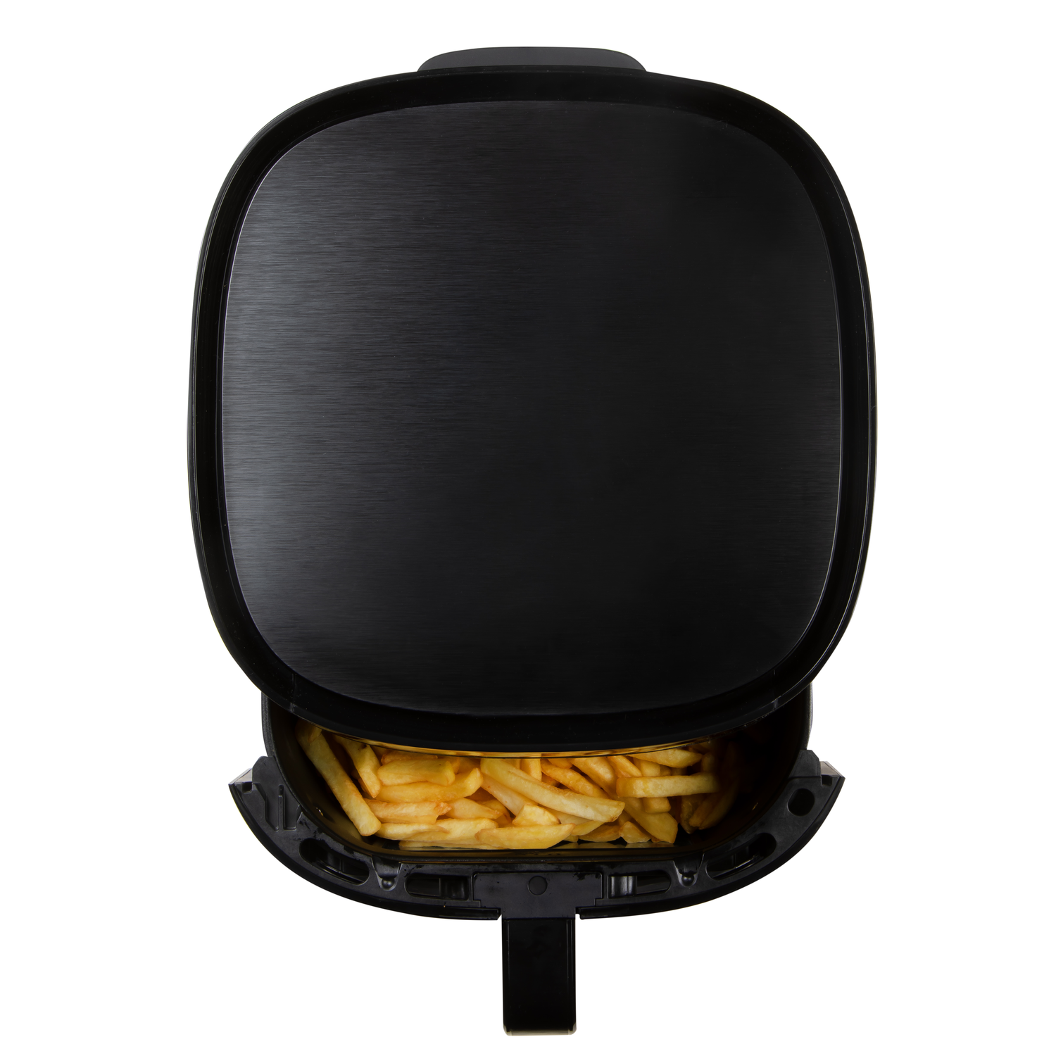 An overhead shot of a black air fryer. Fries are in the basket.