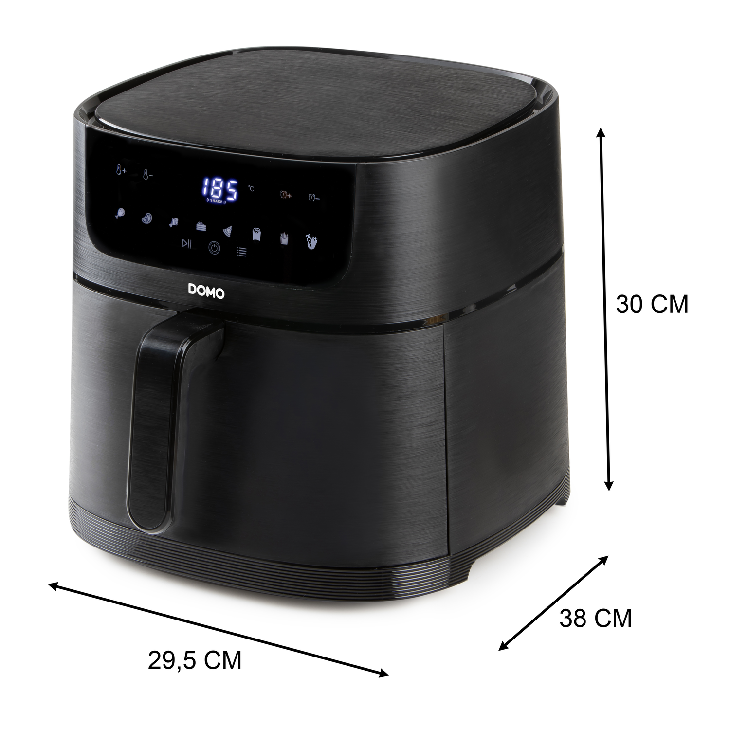 A black air fryer with dimensions 29.5x38x30 cm, handle and digital display.