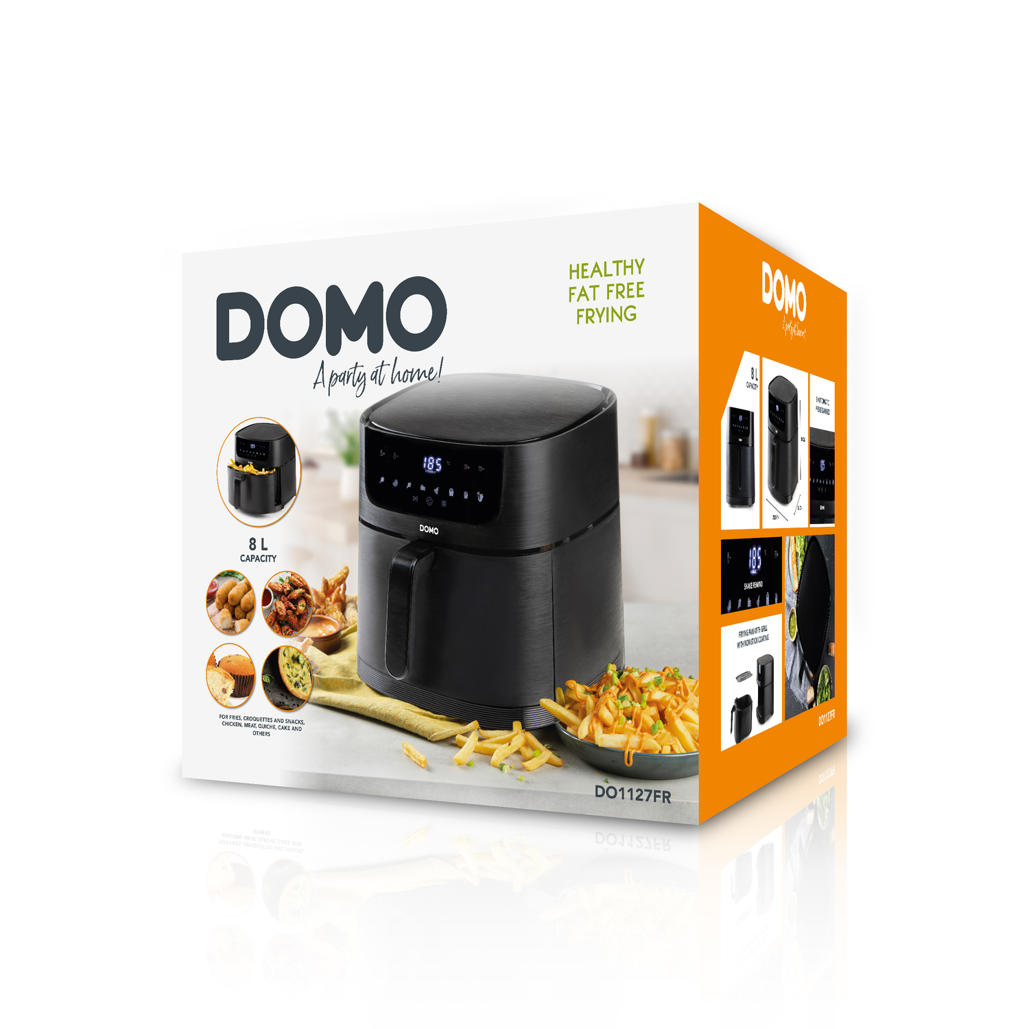 A black air fryer and its box. The box shows images of the product and cooked food.