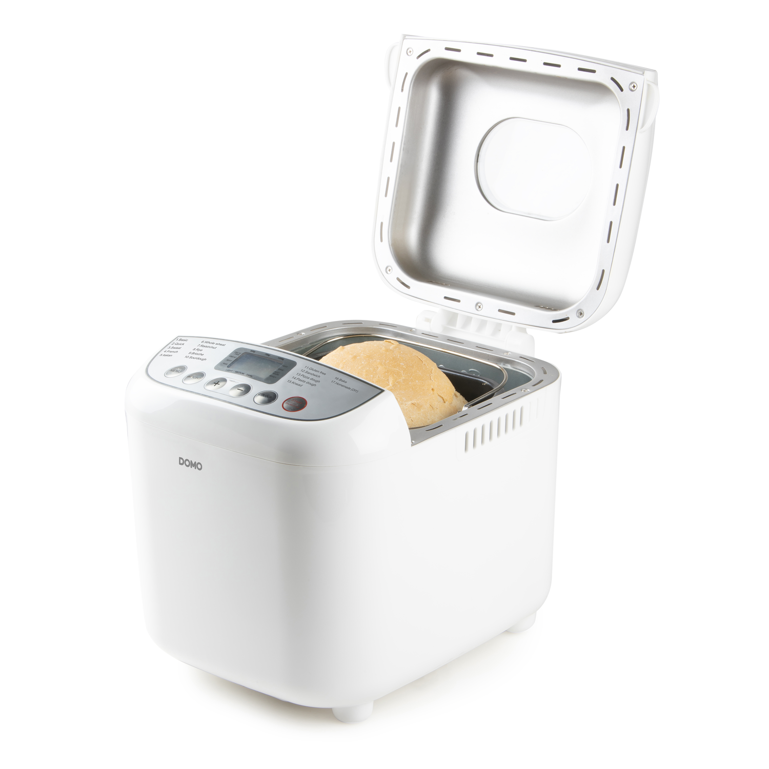 Een witte broodmachine met het deksel open. Er zit een brood in. De merknaam is DOMO. Knoppen en een display zijn zichtbaar.