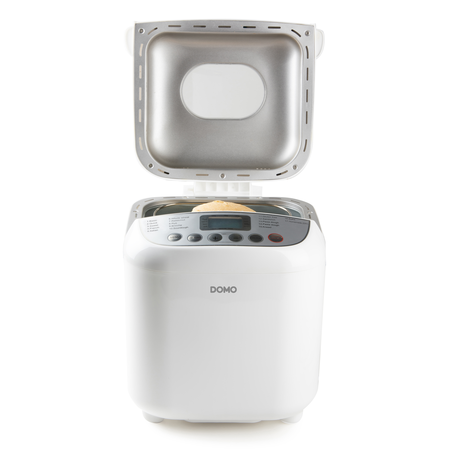 Een witte broodbakmachine met open deksel, waar een brood in zit. Bedieningspaneel met knoppen en een digitaal display is zichtbaar.