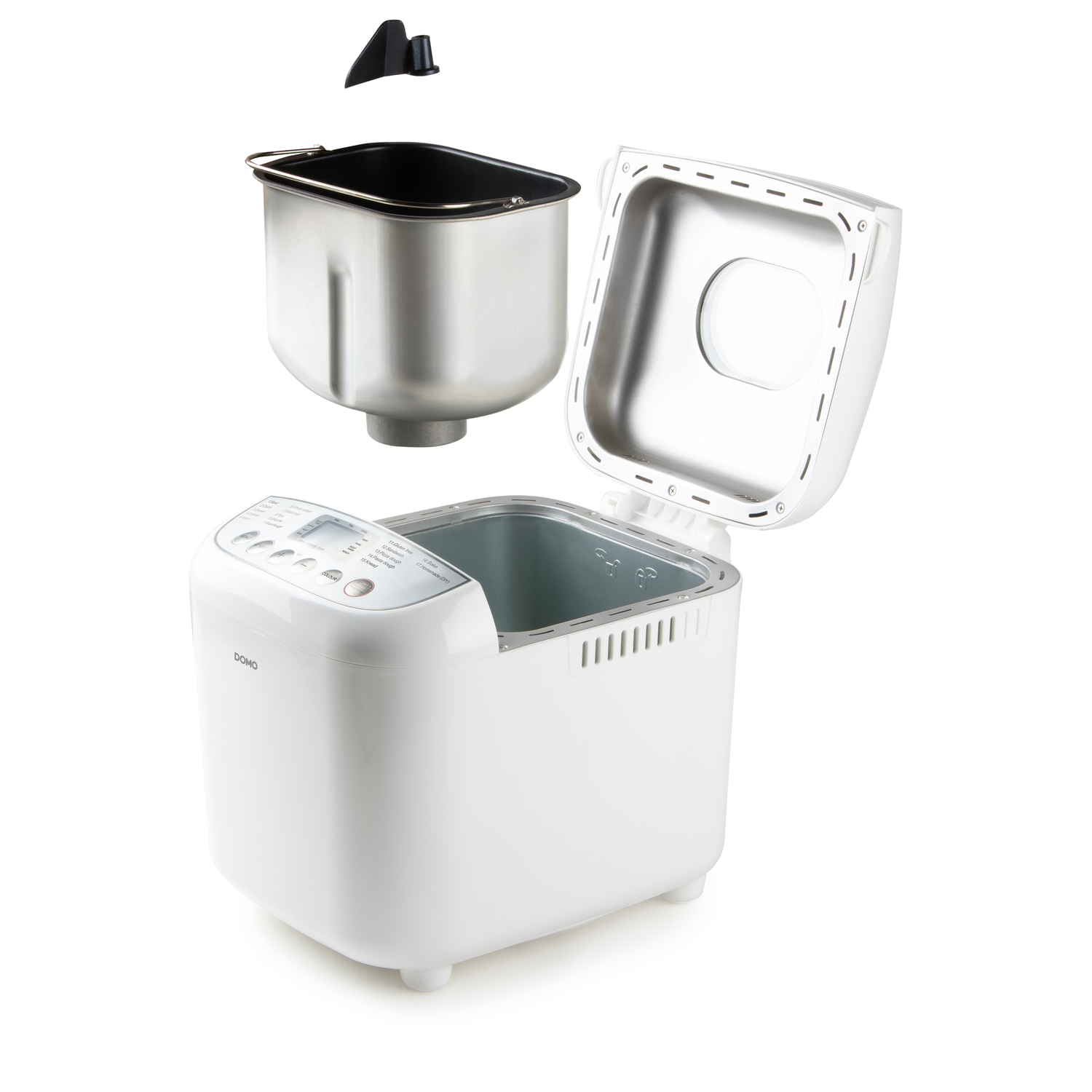 Een witte broodbakmachine met deksel en broodpan open. Een zwarte kneedpeddel bevindt zich boven de pan. Het merk is DOMO.