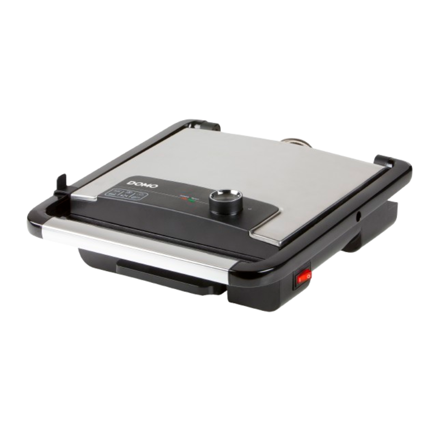 Een gesloten elektrische grill. De bovenplaat is zilver, de basis zwart met een rode aan/uit-knop.