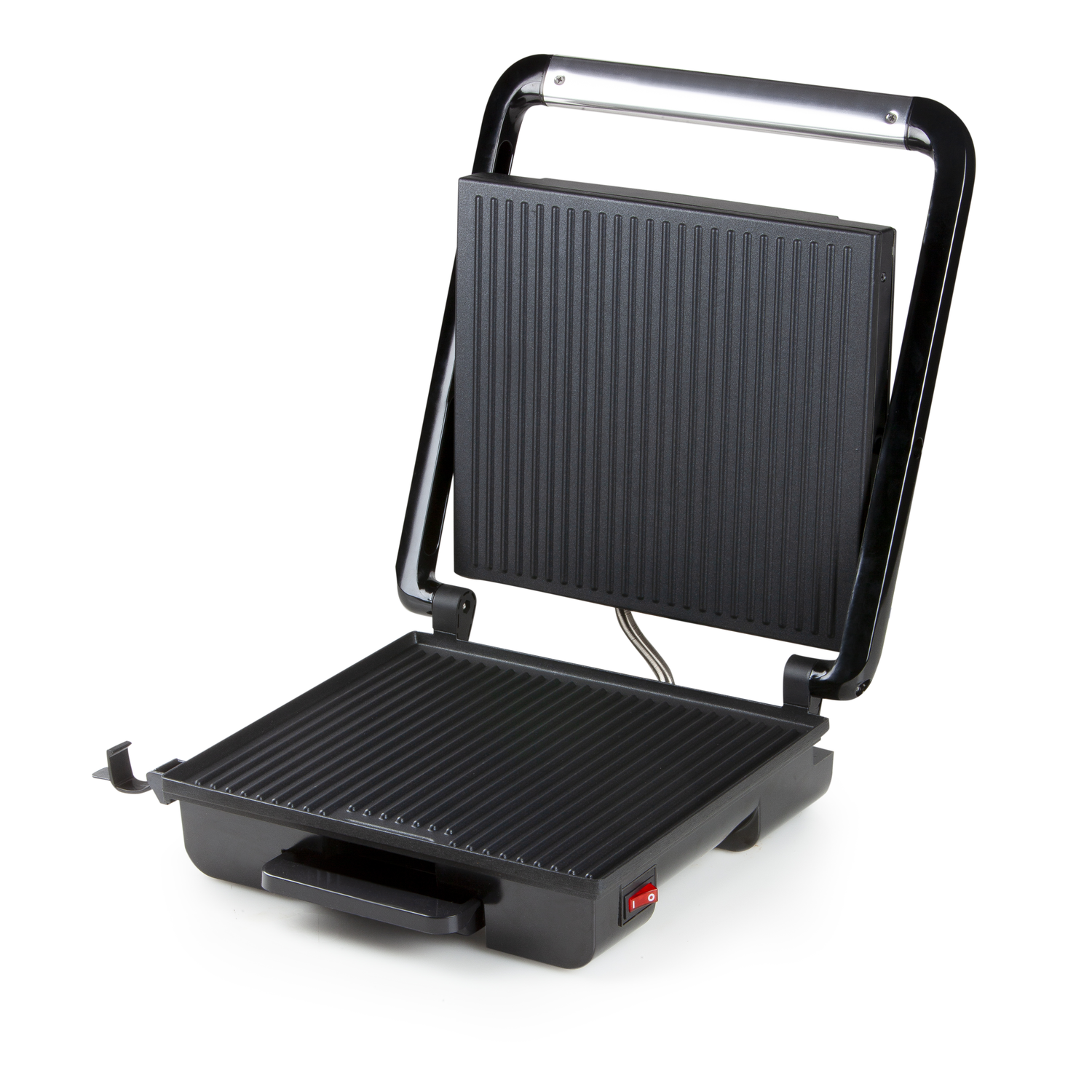 Een open zwarte panini-pers met geribbelde grillplaten, een zwarte handgreep en een rode aan/uitschakelaar. Het staat op een witte achtergrond.