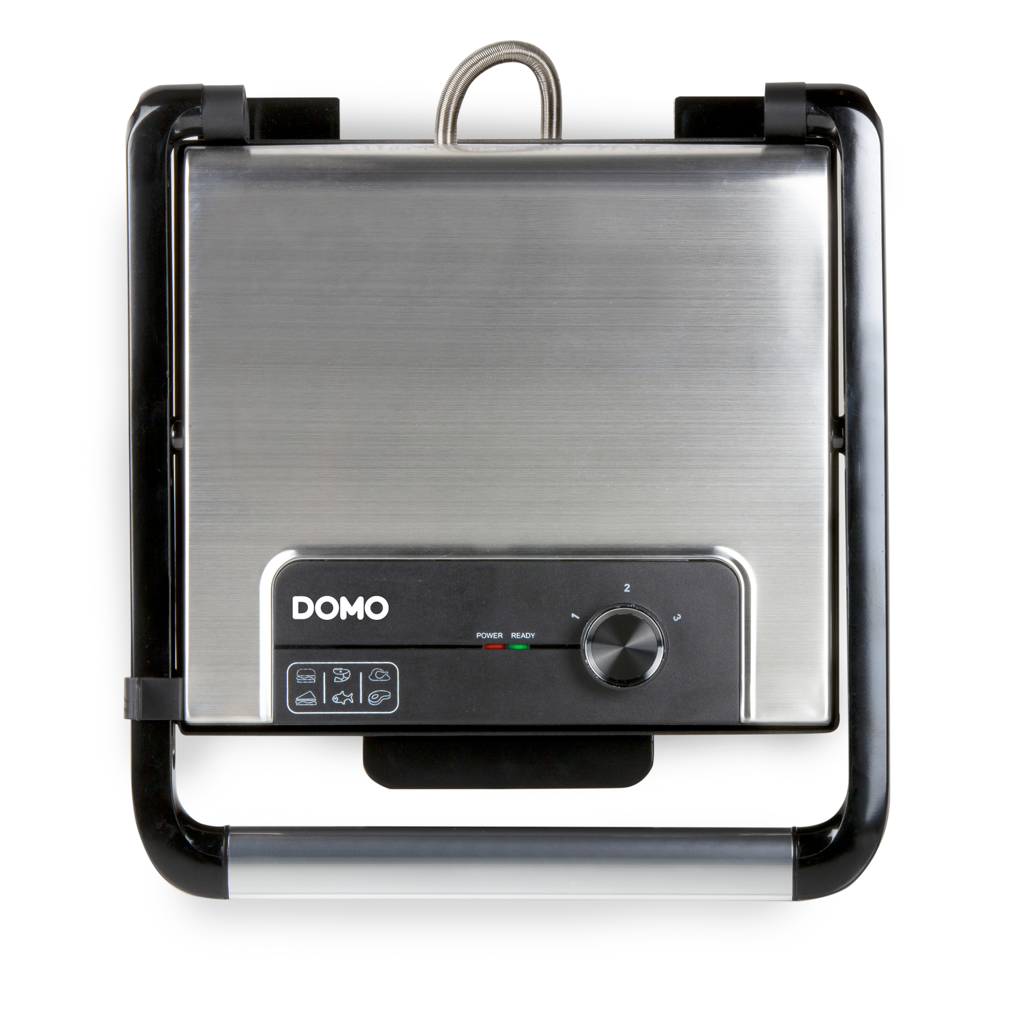 Een zilveren en zwarte DOMO sandwichmaker op een witte achtergrond. Het heeft een handvat, een bedieningspaneel en een stroomindicator.