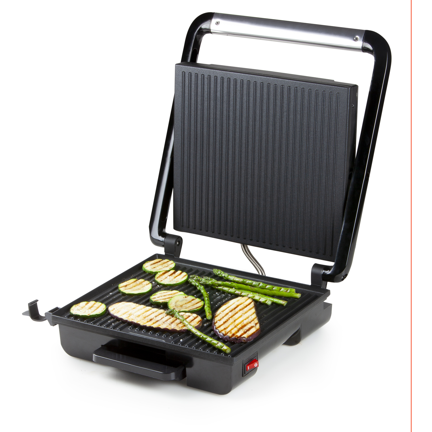 Zwarte grill met gegrilde courgette, aubergine en asperges. Het deksel is open. Witte achtergrond.