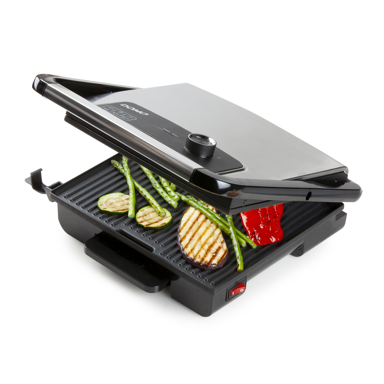Een open grill met gegrilde groenten. Bevat courgette, asperges, aubergine en rode paprika. De grill is zwart en zilver.