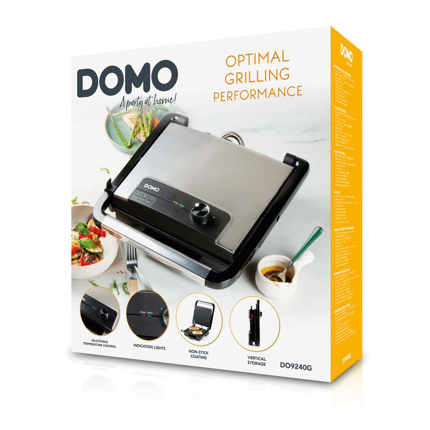 DOMO grillbox met voedselfoto's. Kenmerken: instelbare temperatuur, indicatielampjes, anti-aanbaklaag, verticale opslag. Witte achtergrond.