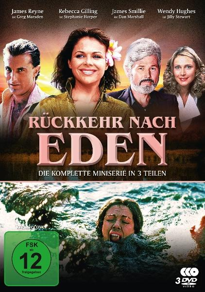 DVD-Cover: Rückkehr nach Eden, mit Schauspielern, einer Frau im Wasser und Text.