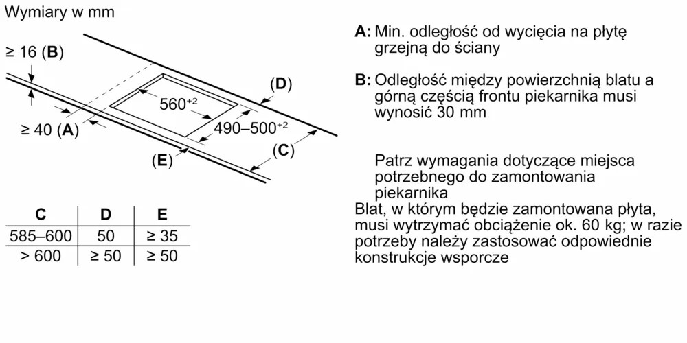Rysunek techniczny, płyta grzewcza do zabudowy, wymiary w mm, diagram.