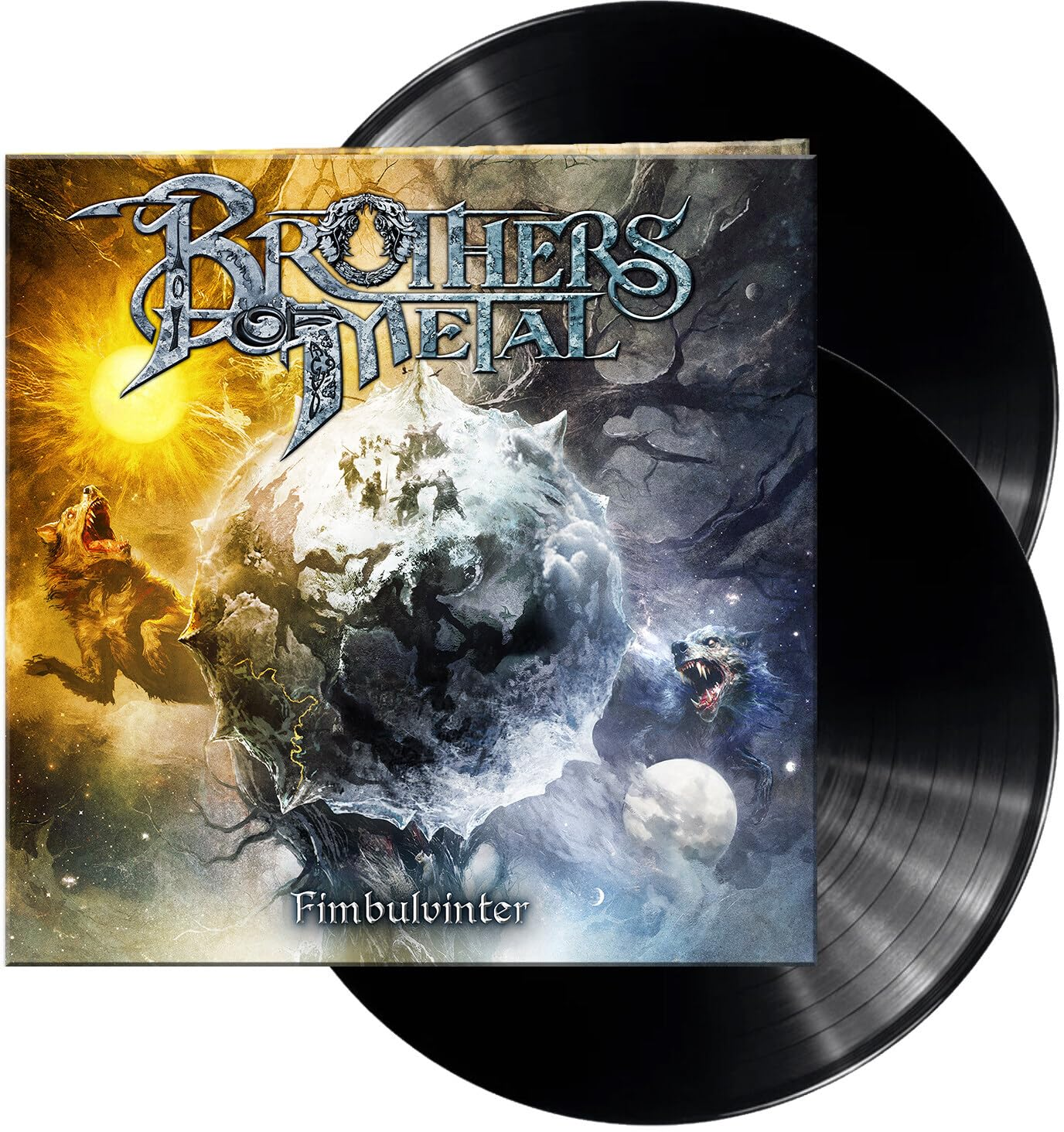 Album borító: 'Brothers of Metal - Fimbulvinter'. Farkasok, bolygó és fekete bakelit. Fantasy témájú illusztráció.