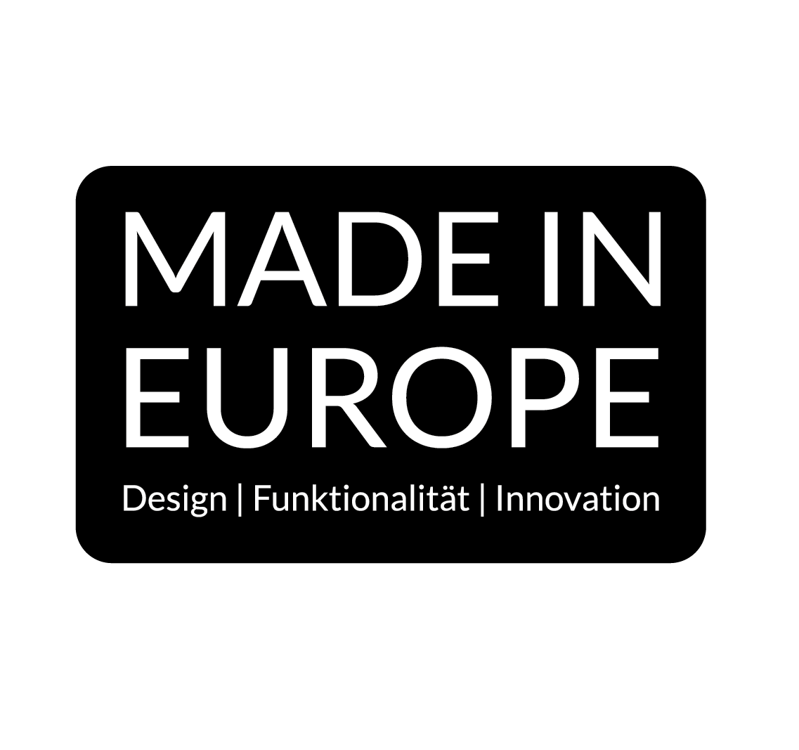 Made in Europe Logo mit Text 'Design | Funktionalität | Innovation'.
