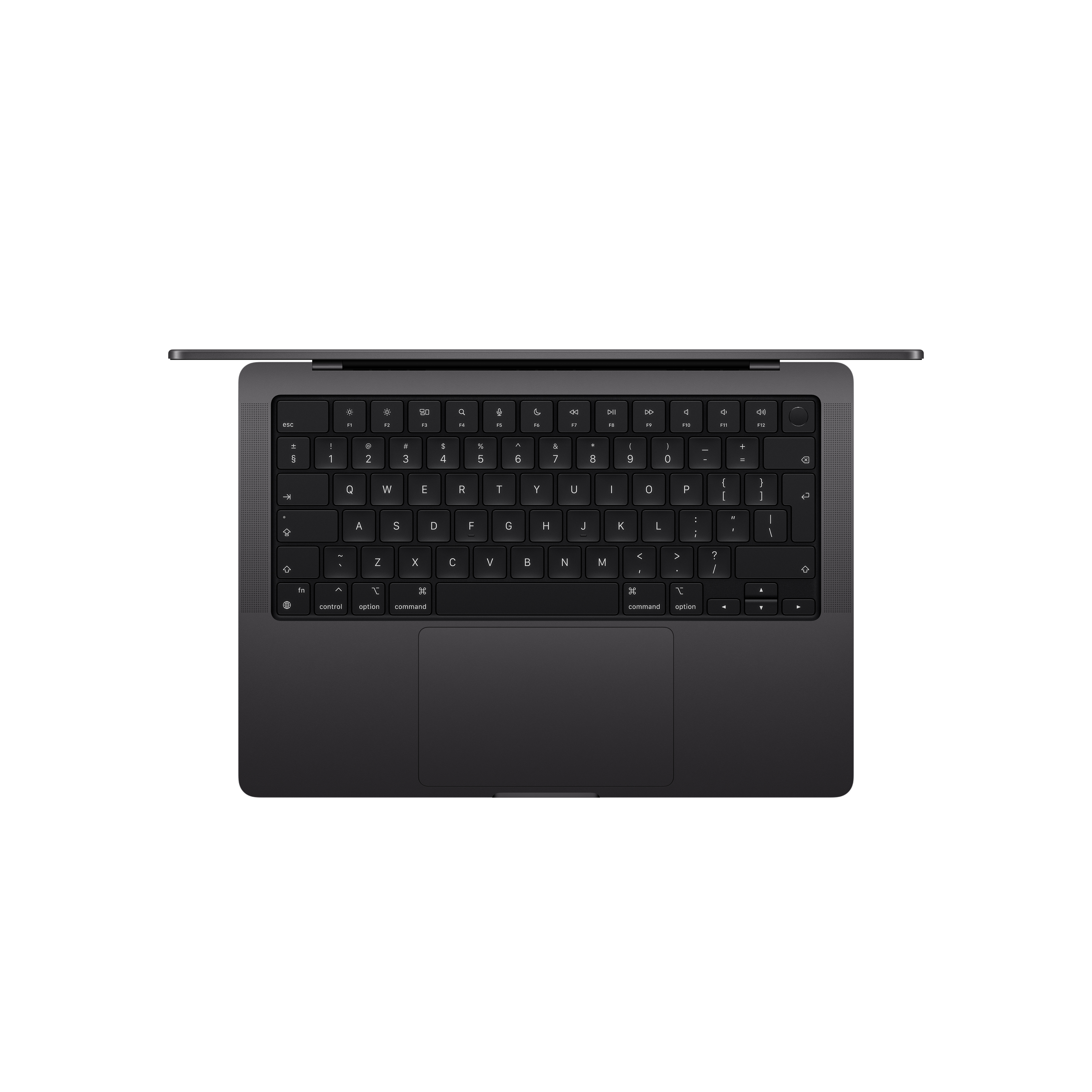 Fekete laptop billentyűzet, felülnézetben, nyitva. Billentyűk és érintőpad láthatók.
