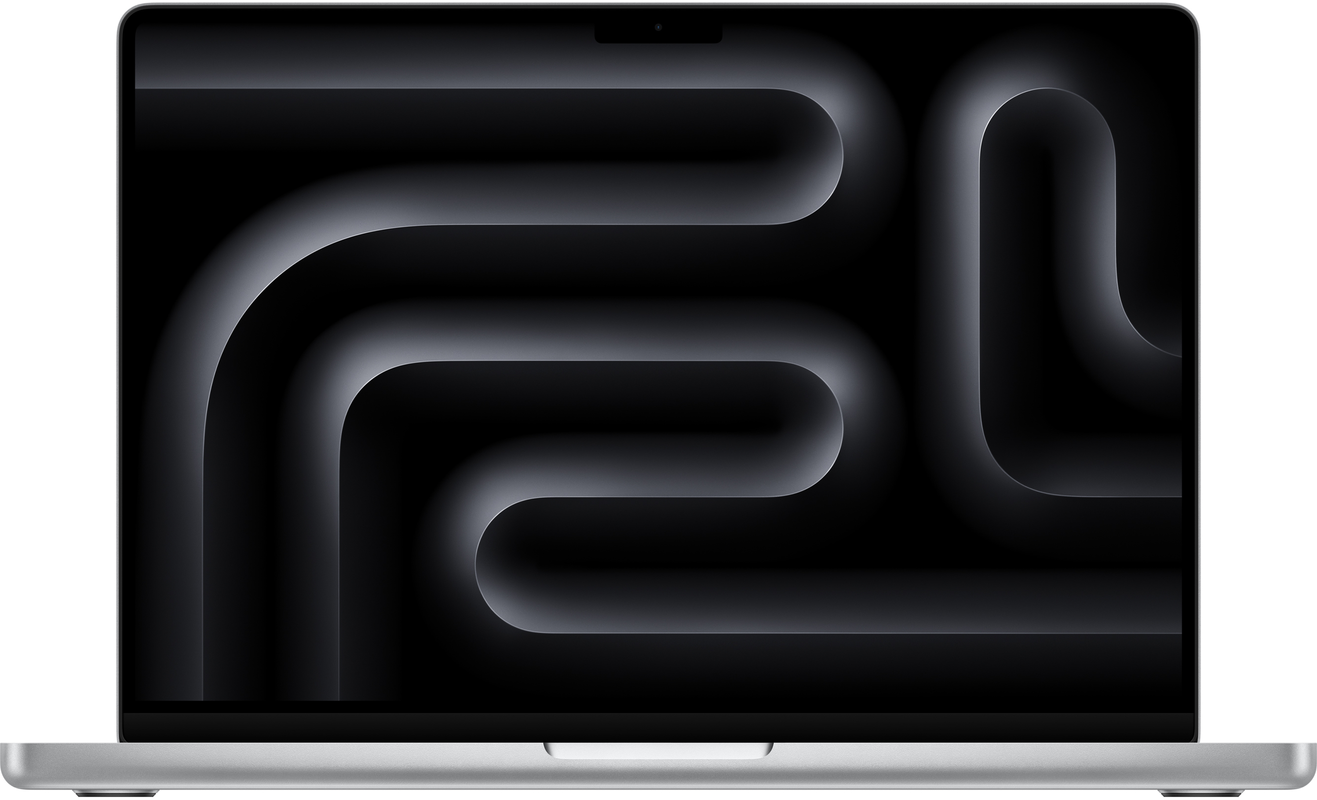 Ezüst laptop sötét, absztrakt mintás képernyővel. Minimalista design. Apple logó látható.