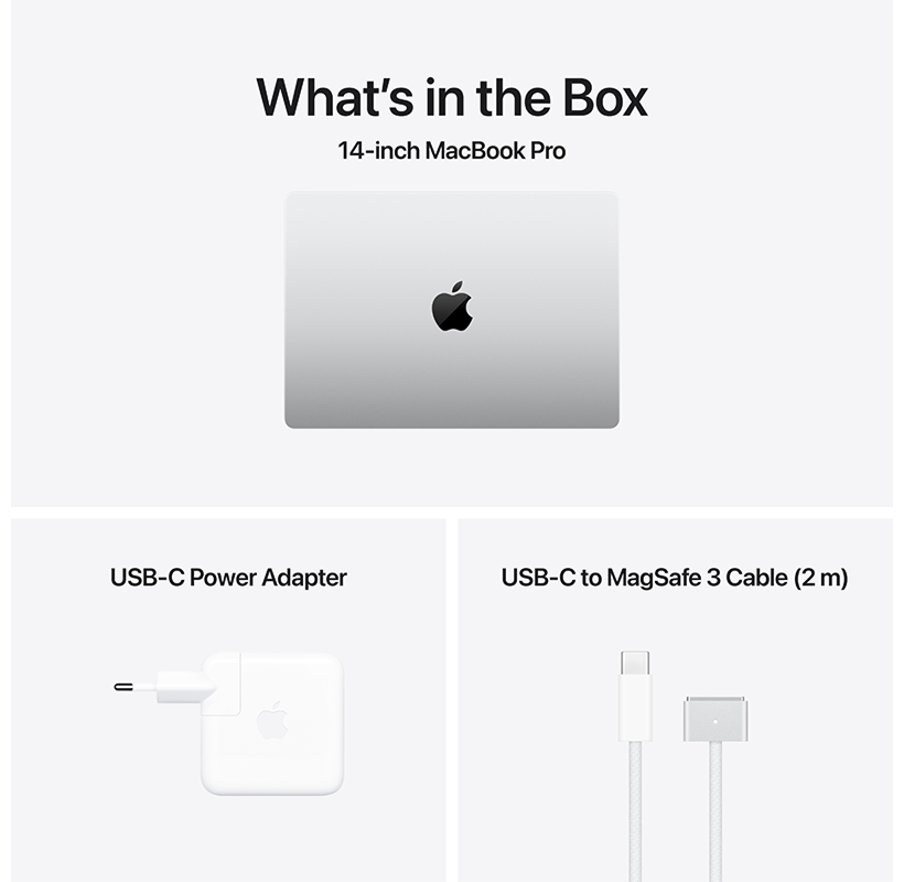 Egy 14 hüvelykes MacBook Pro doboz tartalma töltővel és kábellel.