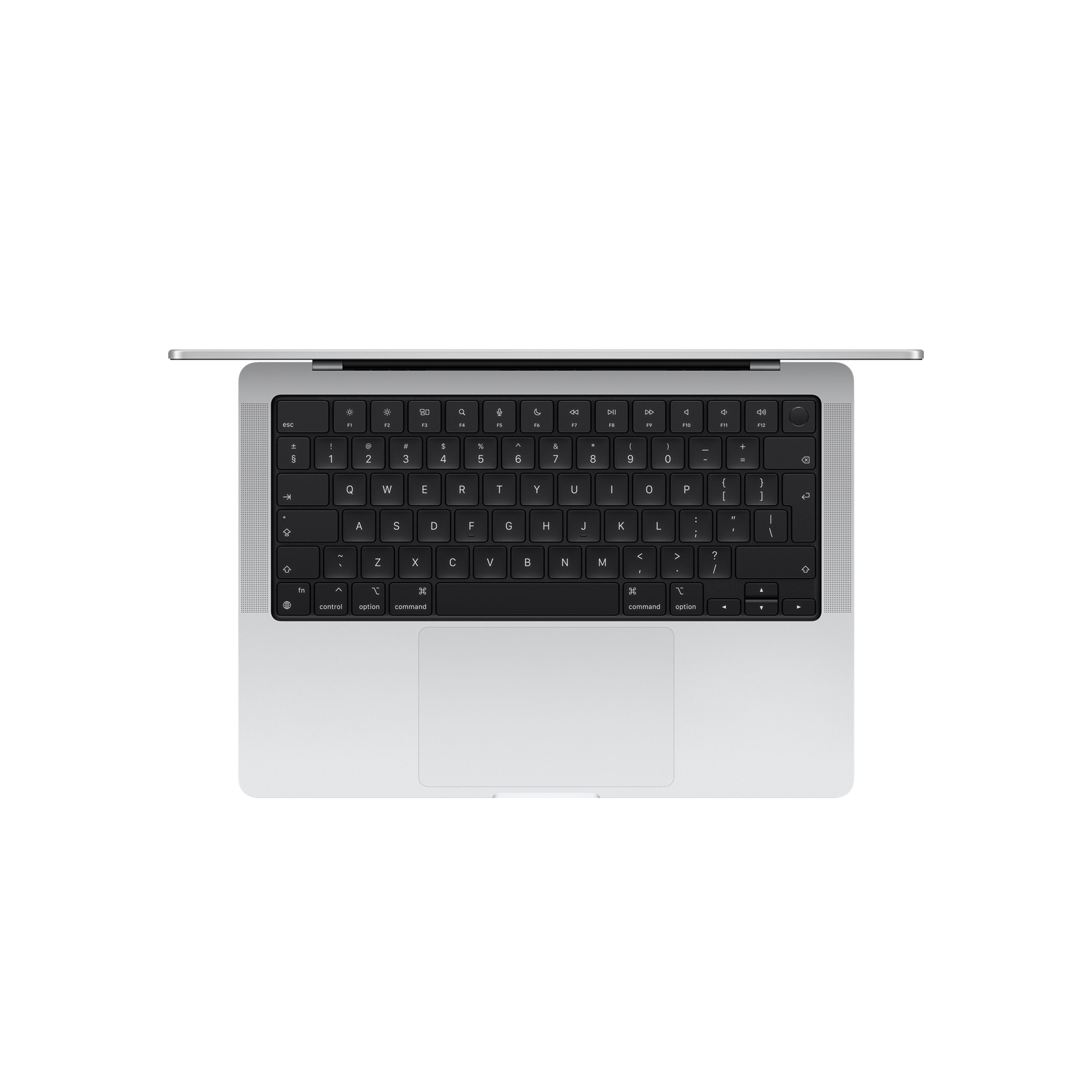 Laptop felülről, ezüst test, fekete billentyűzet. A képernyő nyitva van.