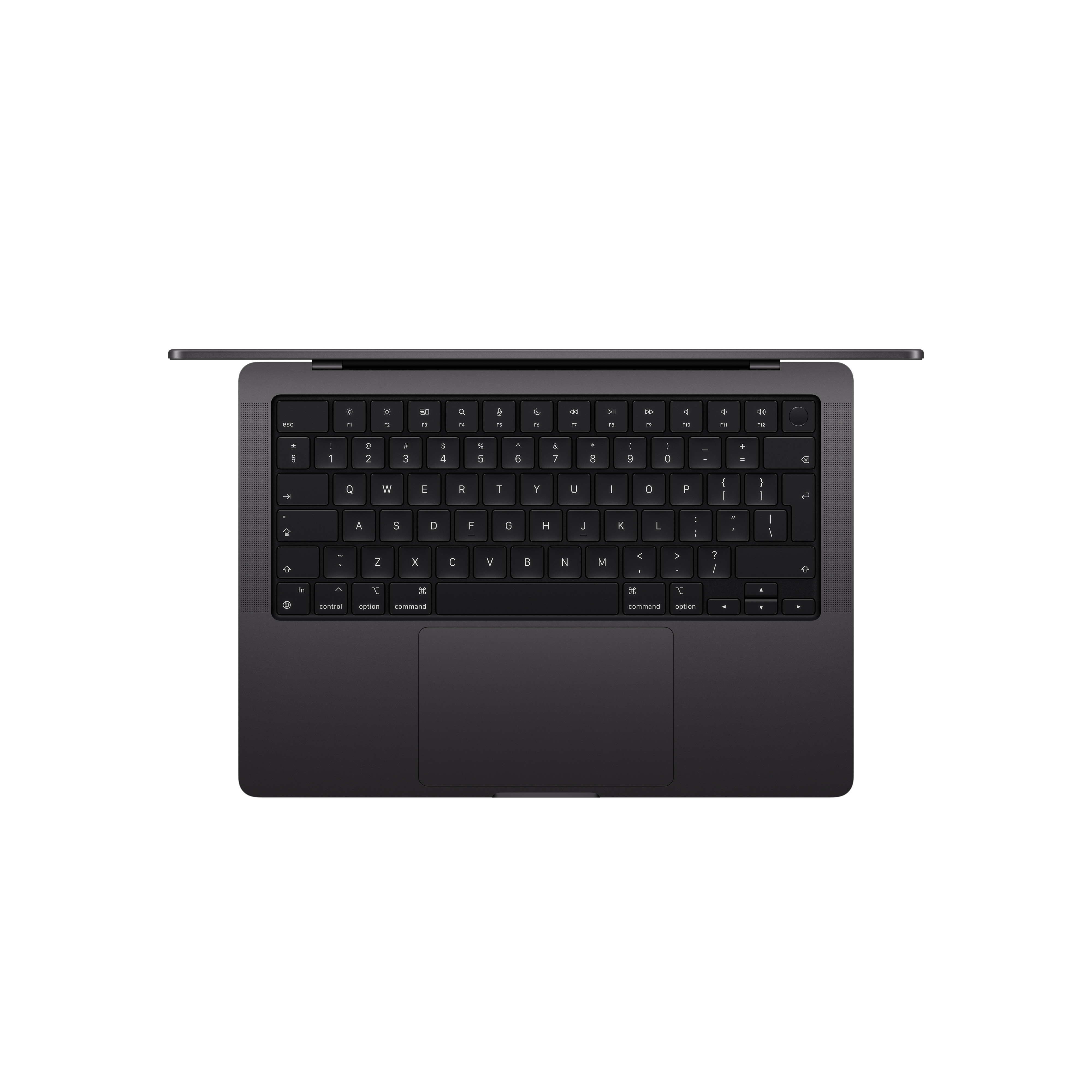 Fekete laptop, felülről nyitva, fekete billentyűzettel és érintőpaddal, fehér felületen.