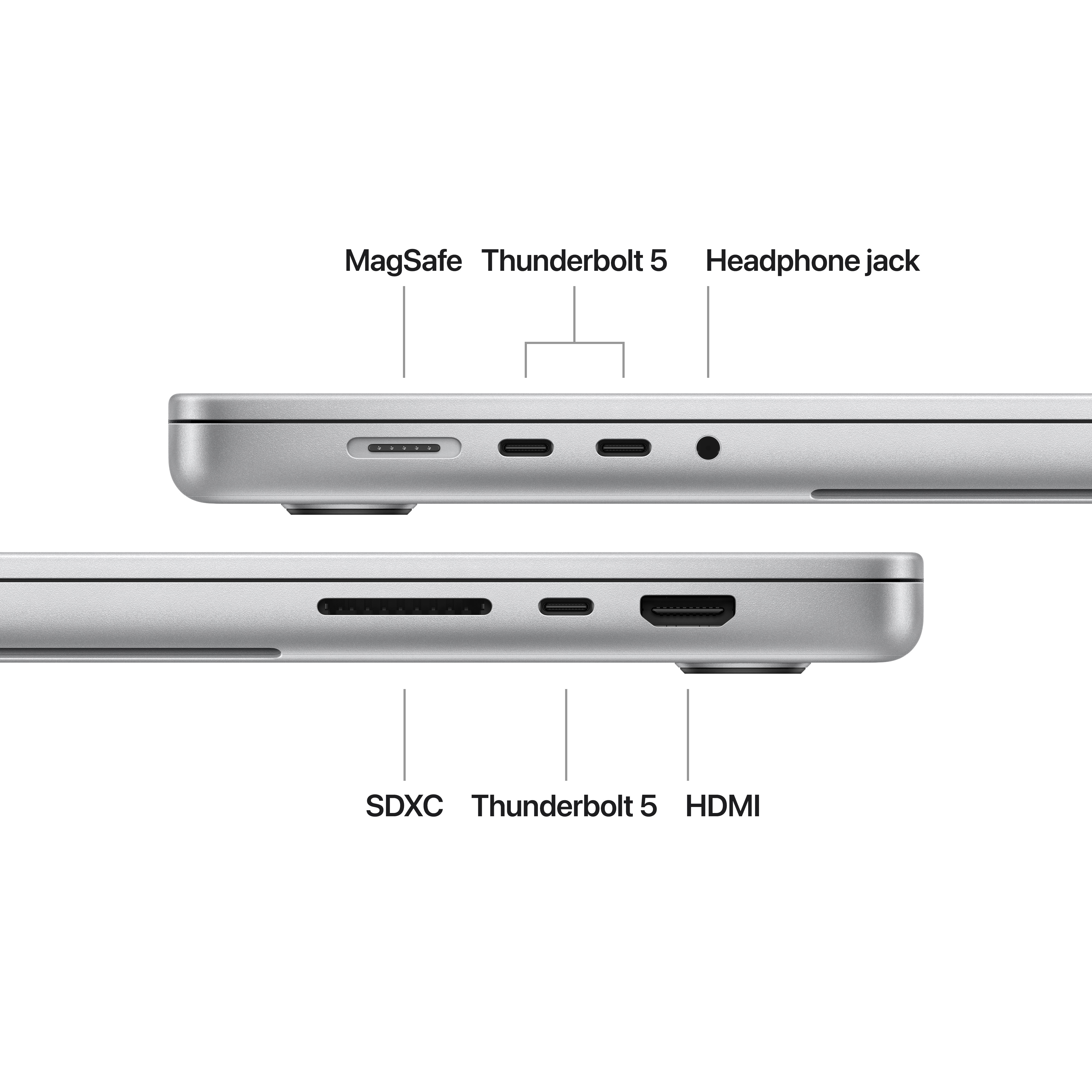 Laptop portok: SDXC, Thunderbolt 5, HDMI, MagSafe, fejhallgató csatlakozó.